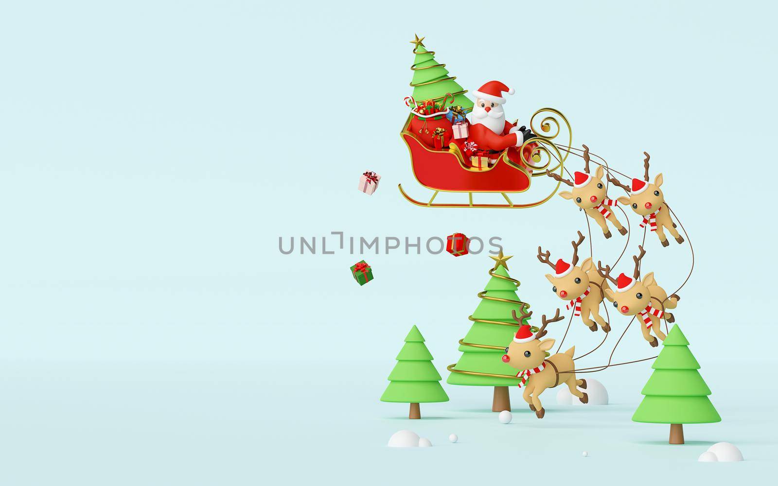 Scene of Santa Claus on a sleigh full of Christmas gifts and pulled by reindeer on a blue background, 3d rendering