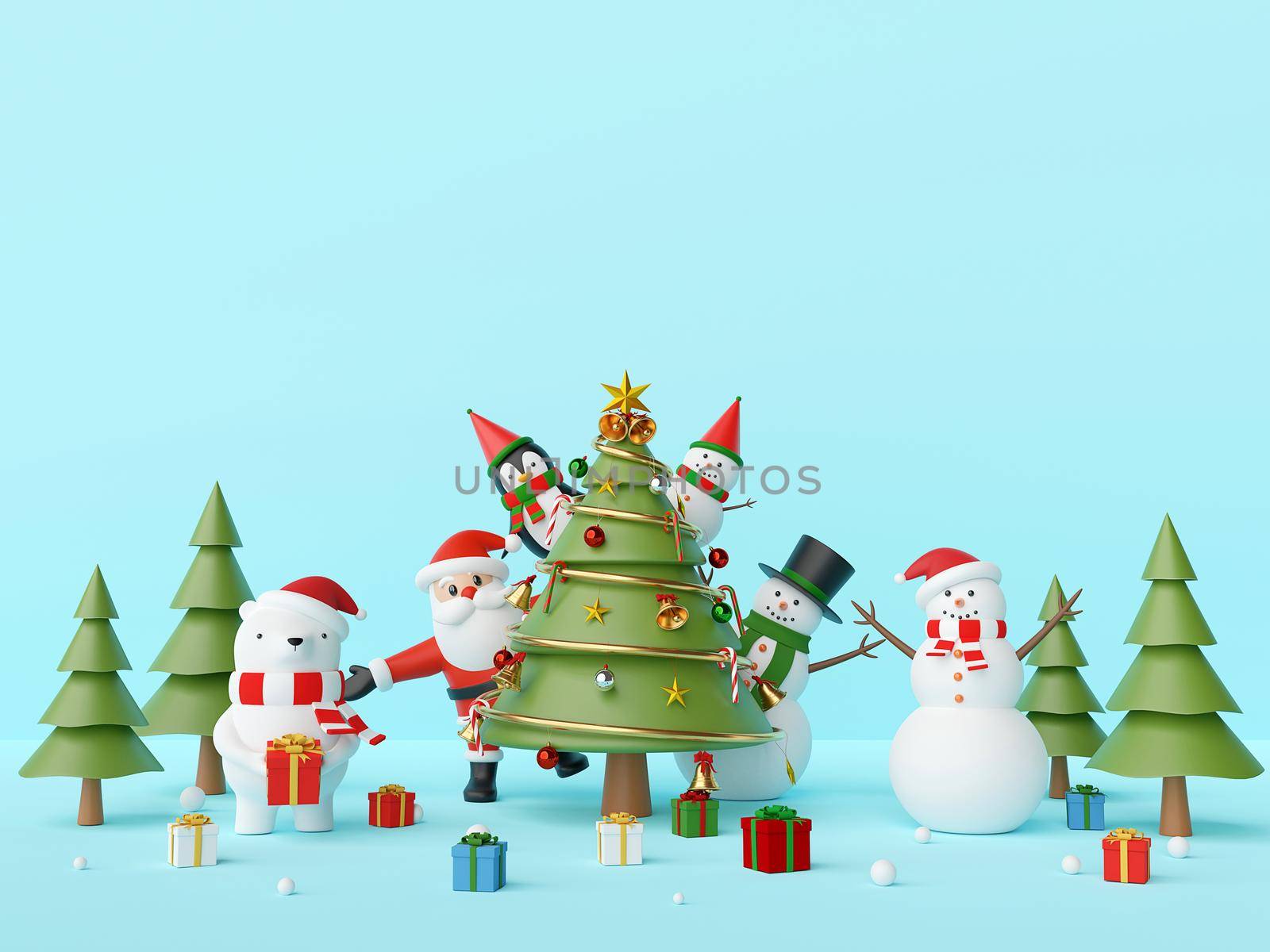 Merry Christmas and Happy New Year, Christmas party Santa Claus and friend with Christmas tree on a blue background, 3d rendering by nutzchotwarut