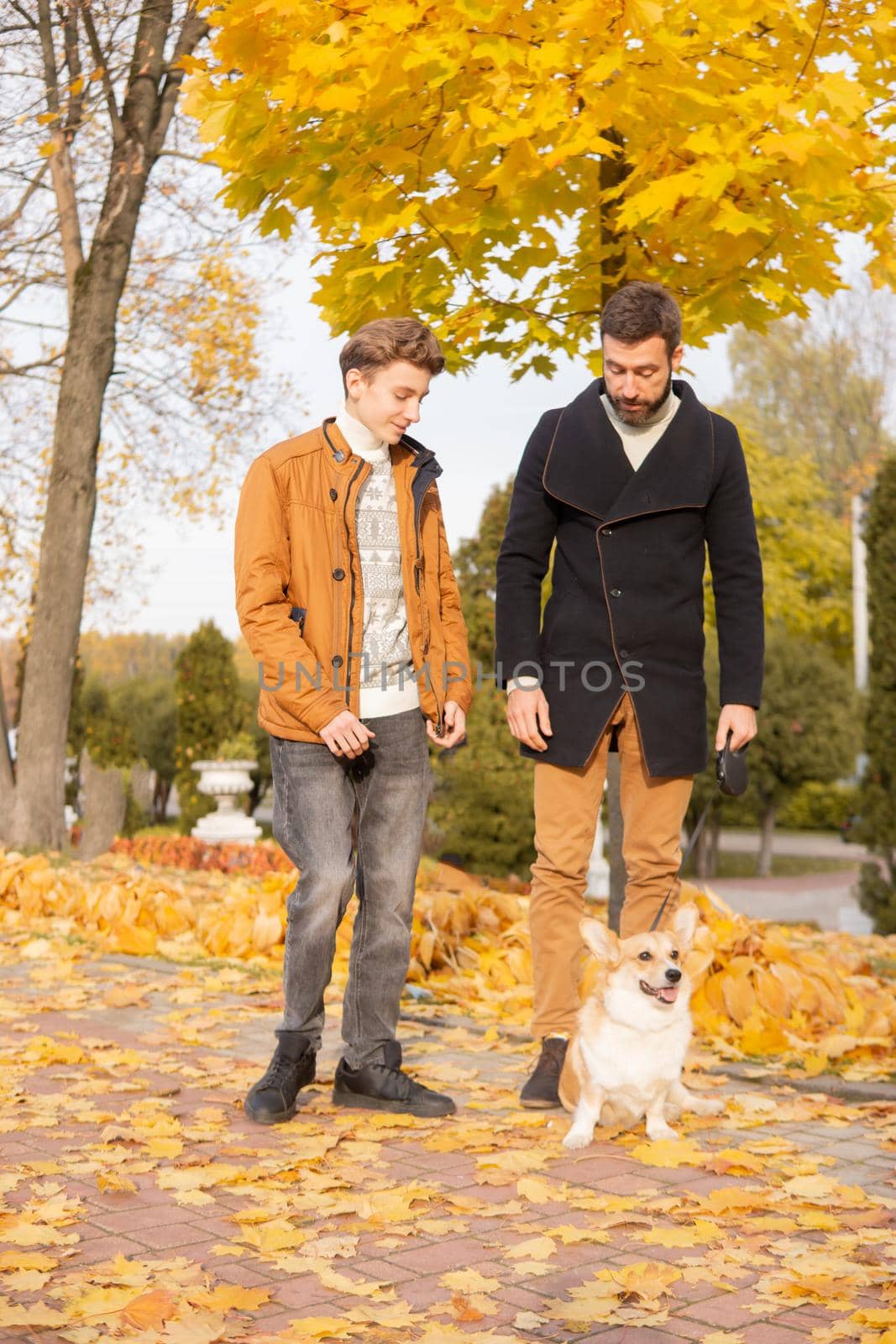 Father and son with a pet on a walk in the autumn park. by Annu1tochka