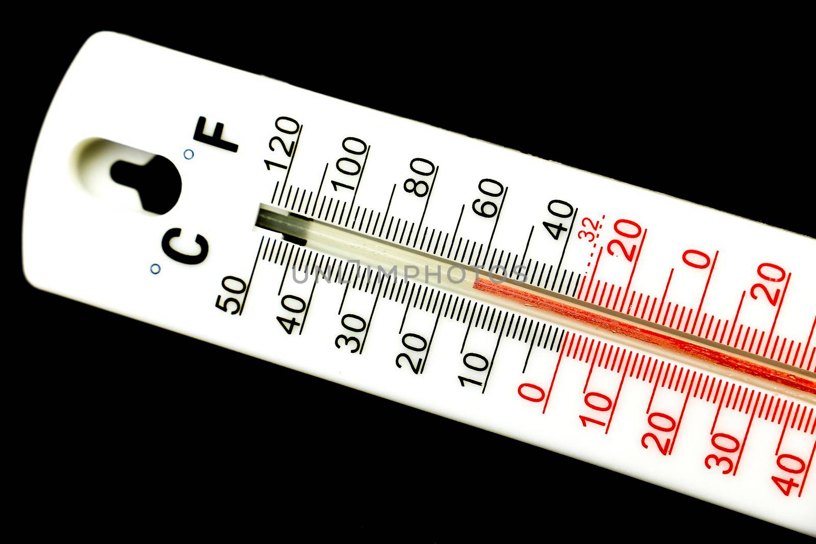 15 Celsius and almost 50 Fahrenheit degrees on a thermometer on black background