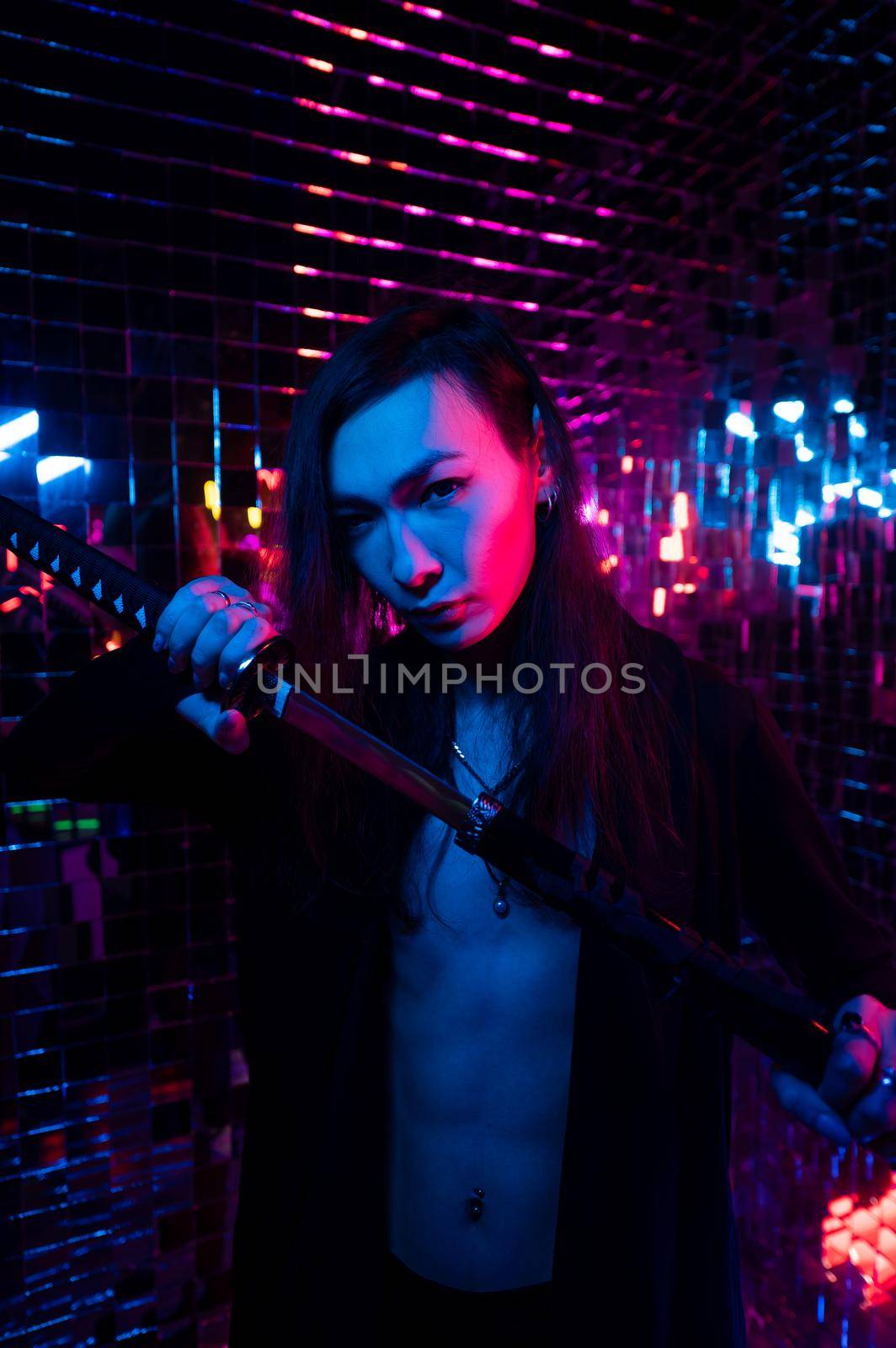 Male transgender neon light studio. Asian with samurai sword. by mrwed54