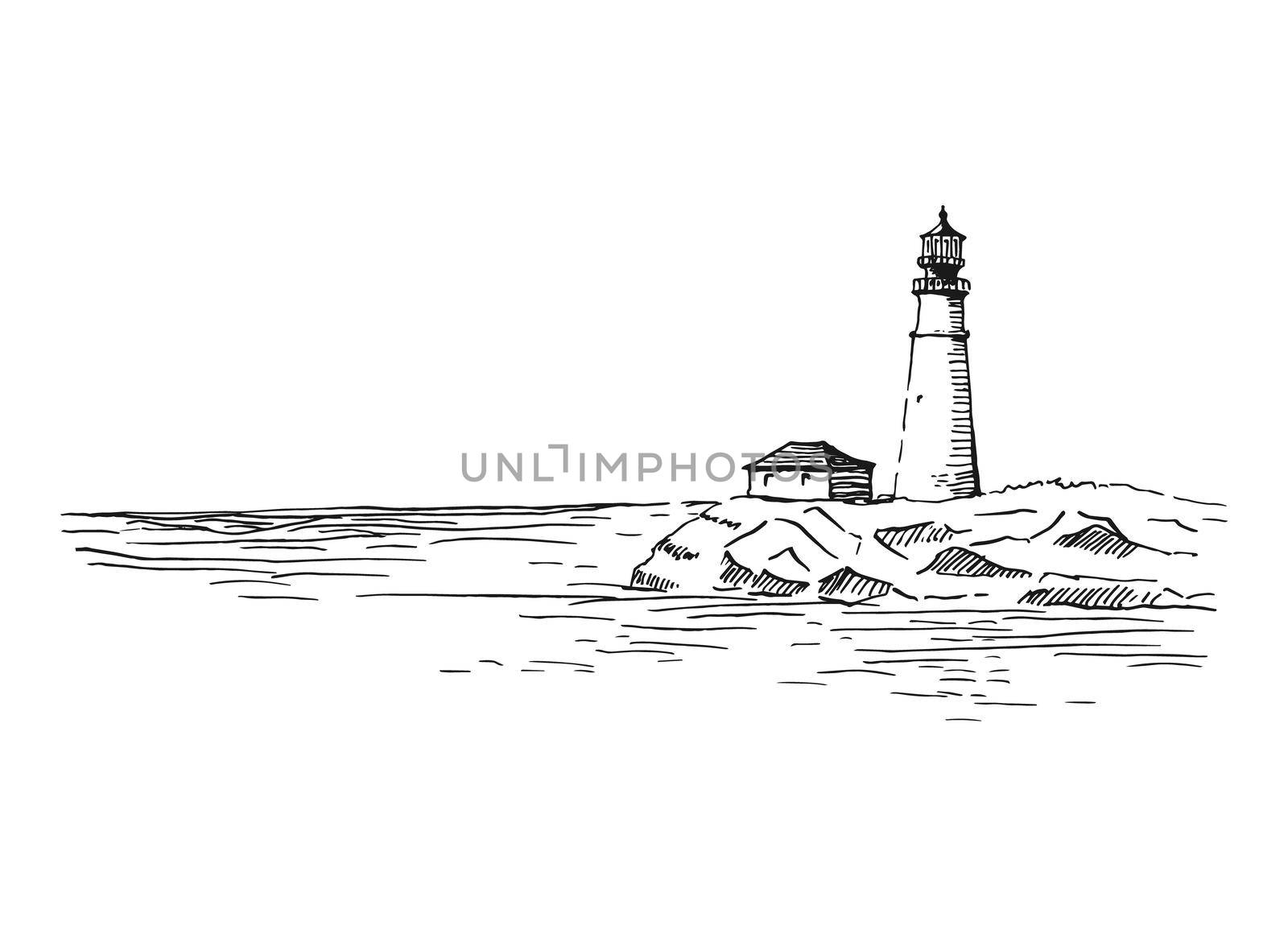 Lighthouse. Seascape. Hand drawn vector illustration.