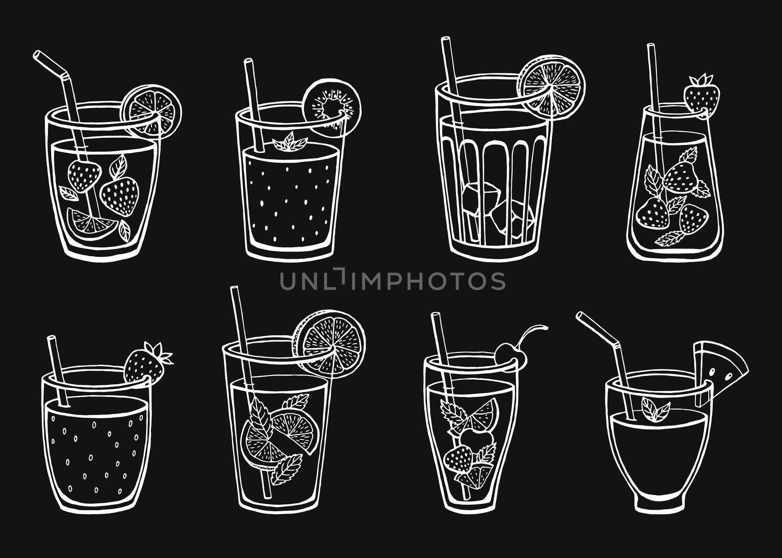 Set non-alcoholic summer drinks isolated on white background. Classic and strawberry lemonade, iced tea, mojito, watermelon  fresh, kiwi and strawberry smoothie. Menu vector images in sketch style.
