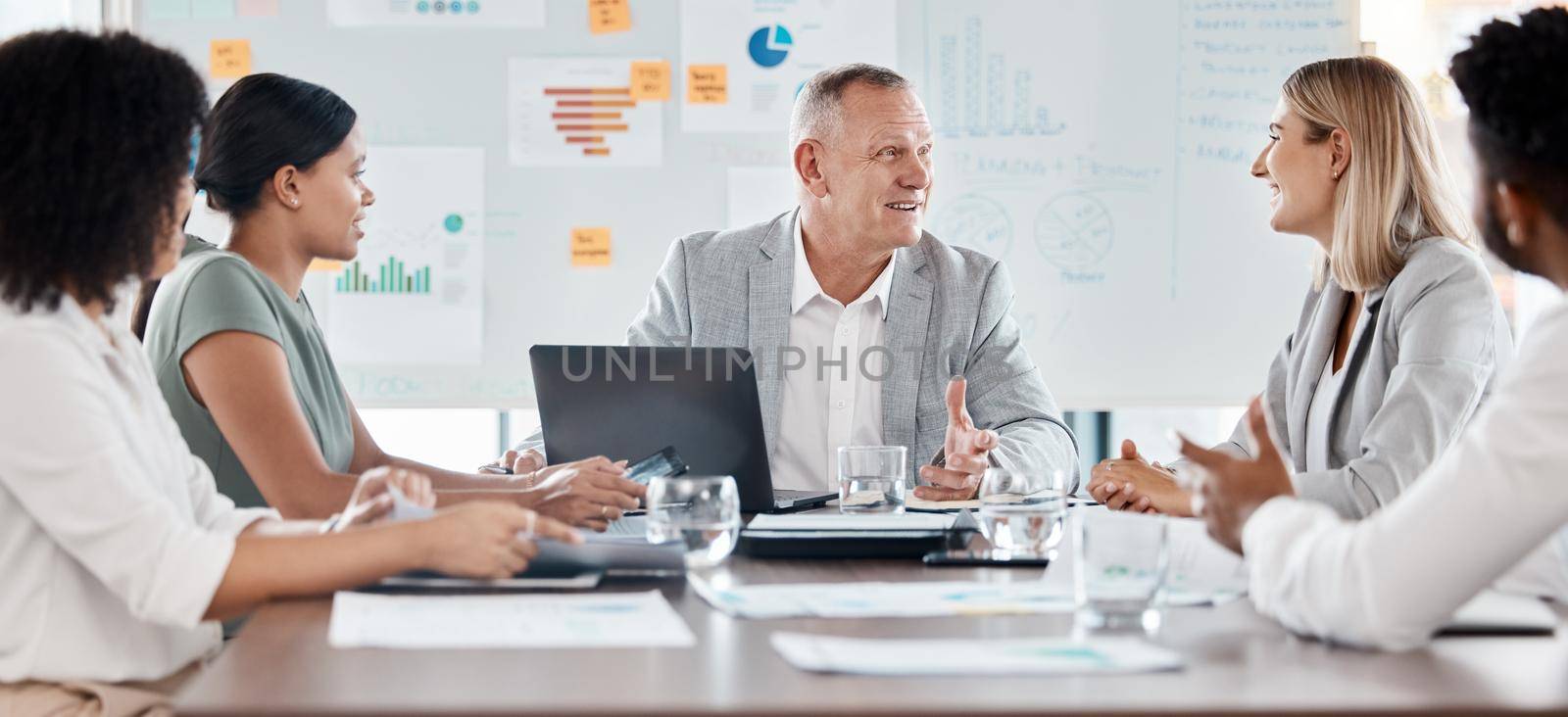 Collaboration, meeting and office of business people in marketing for company goals and analytics. Group of diverse employee workers in corporate team conversation, strategy and plan to executive.