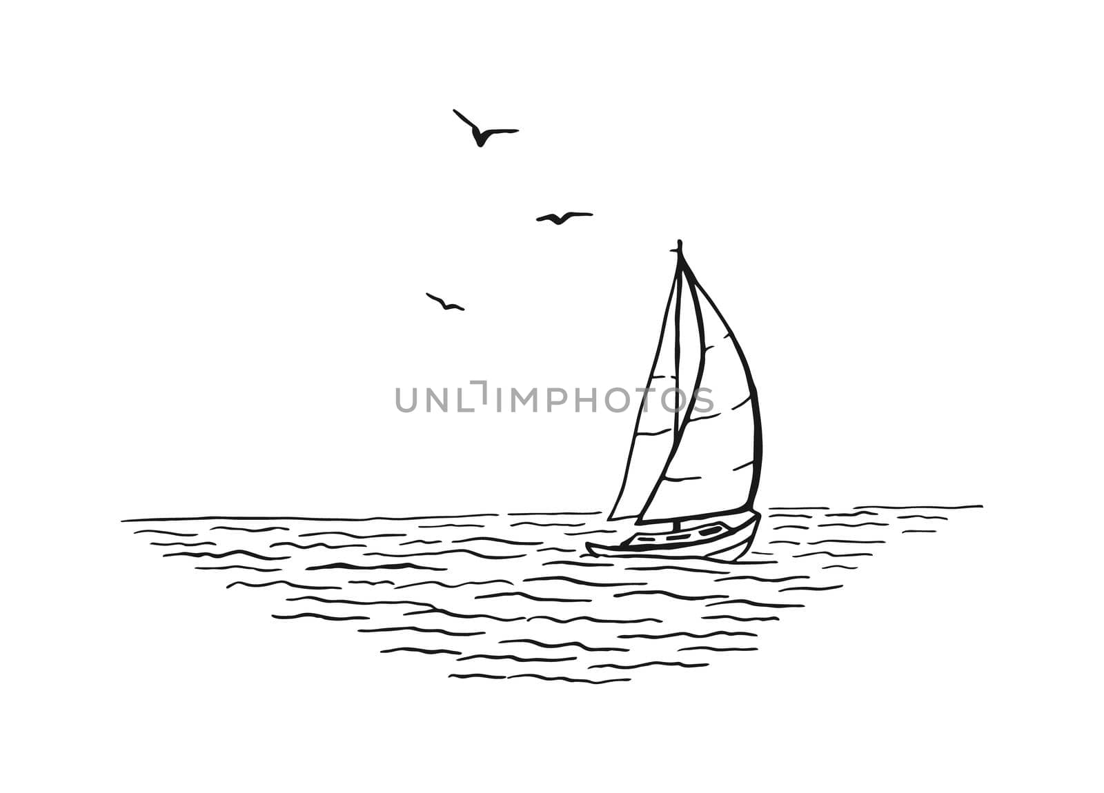 Seascape. Landscape, sea, sailboat, seagulls. Hand drawn illustration converted to vector.