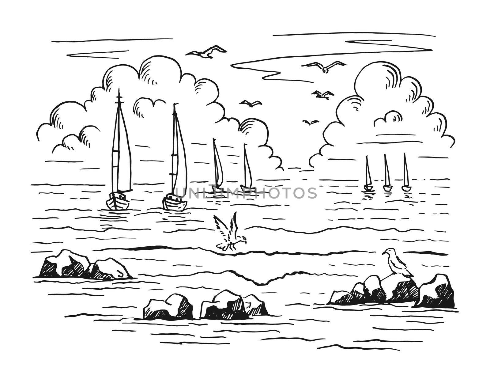 Seascape. Landscape, sea, sailboat, rocks, seagulls. Hand drawn vector illustration.