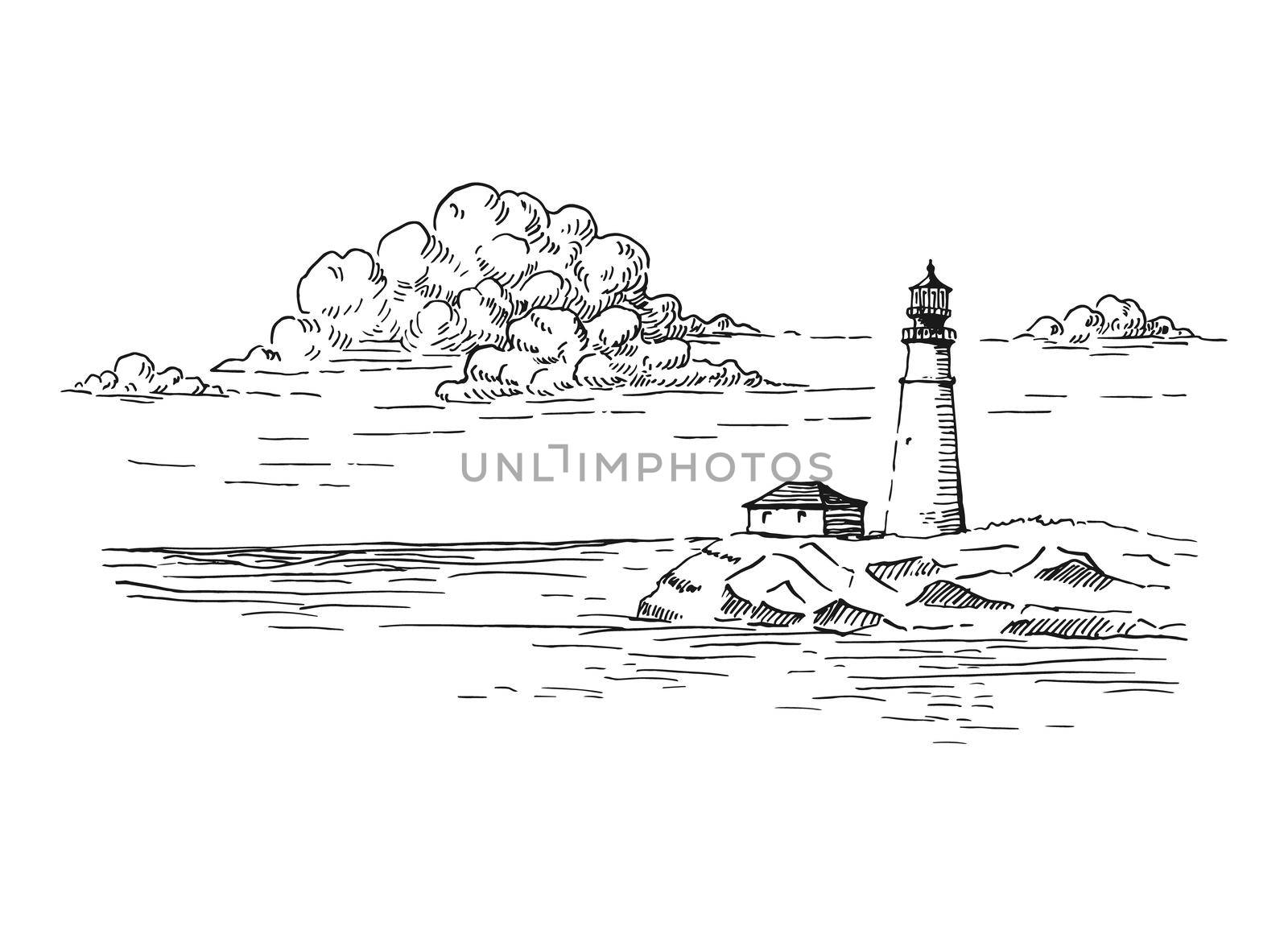 Seascape. Lighthouse. Hand drawn illustration converted to vector.