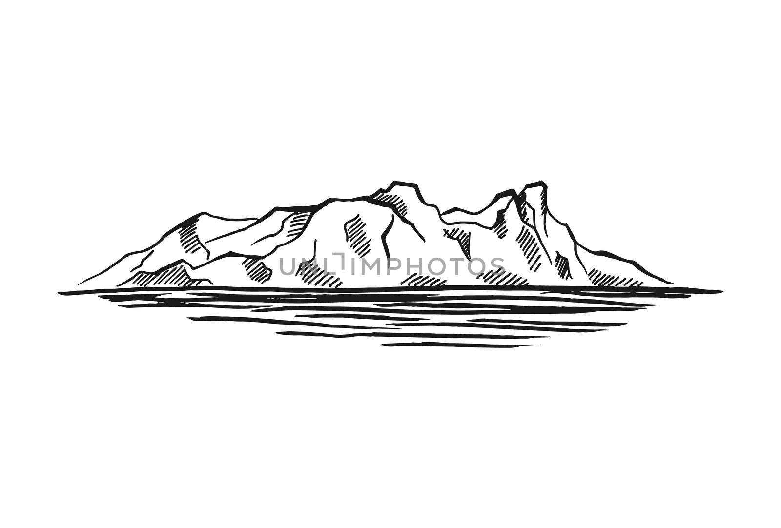 Arctic landscape. Icy mounts, Iceberg. Hand drawn illustration converted to vector.