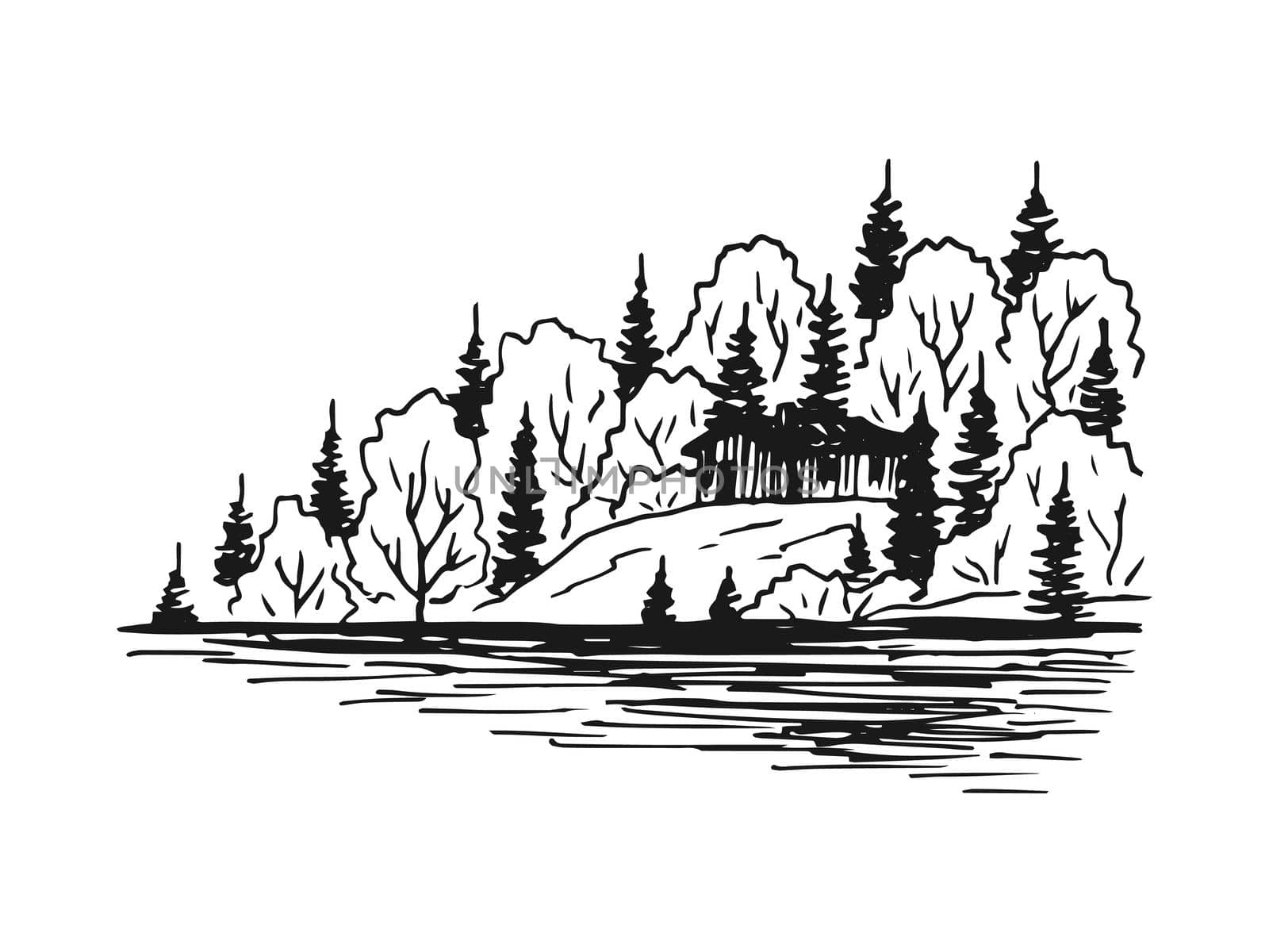 Landscape, lake, house and pine trees. Hand drawn sketch illustration. 