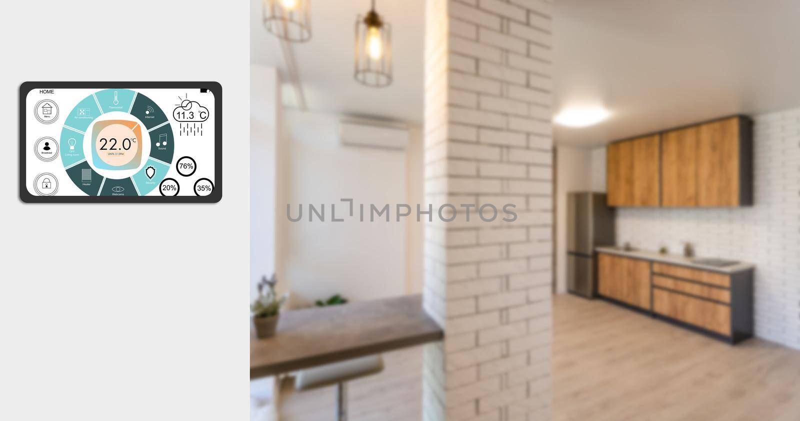 Internet of things , iot , smart home and network connect concept. Human hand holding white phone and smart home application with 3d rendering room and wifi icons