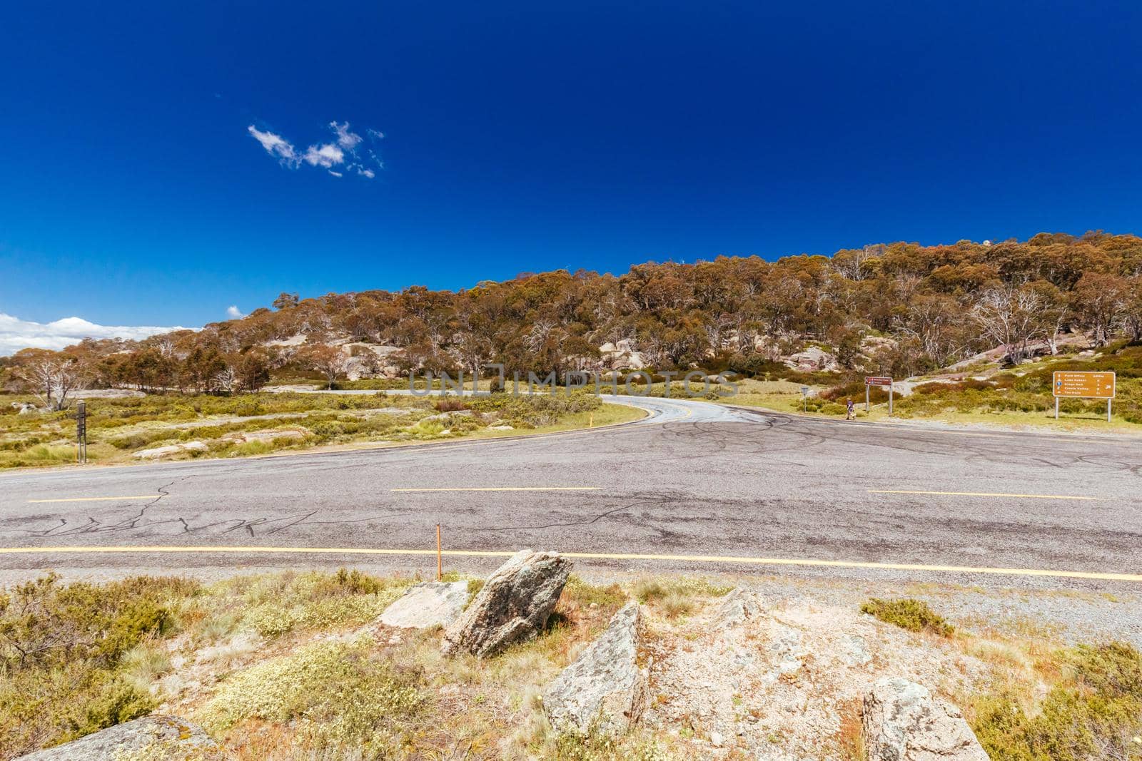 Tuckerbox Corner and intersection at Mt Buffalo on a summer's afternoon in the Victorian Alps, Australia