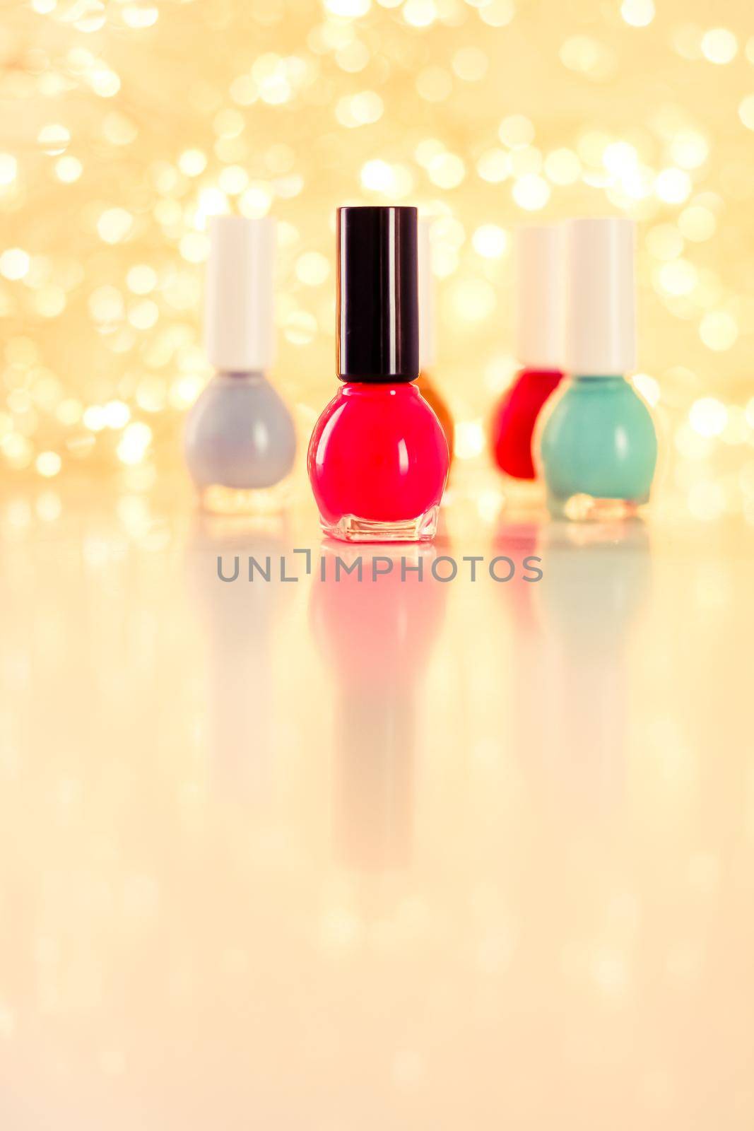 Beauty, make-up and cosmetics concept - Nail polish bottles, manicure and pedicure collection