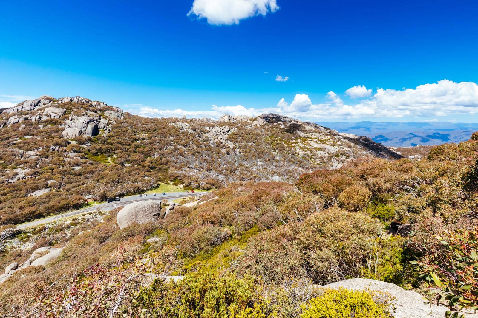 View of Cathedral Rock formation near The Hump at Mt Buffalo on a summer's afternoon in the Victorian Alps, Australia