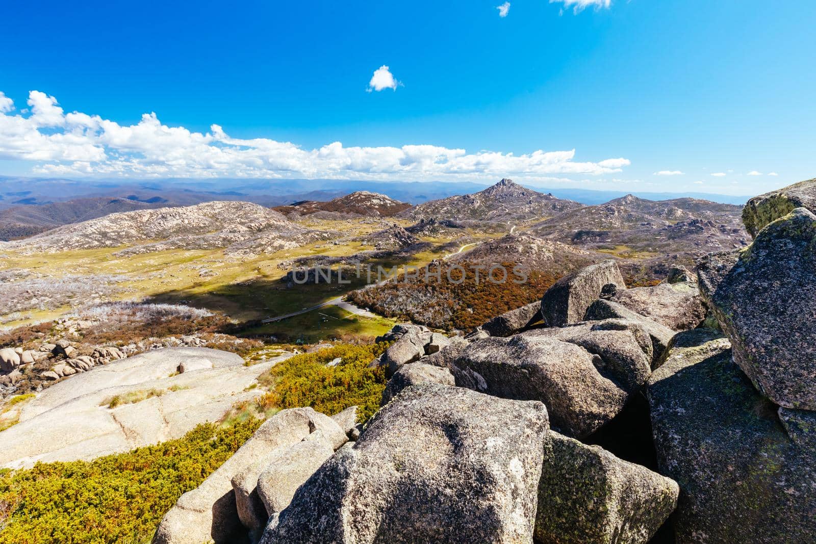 View of Cathedral Rock formation near The Hump at Mt Buffalo on a summer's afternoon in the Victorian Alps, Australia