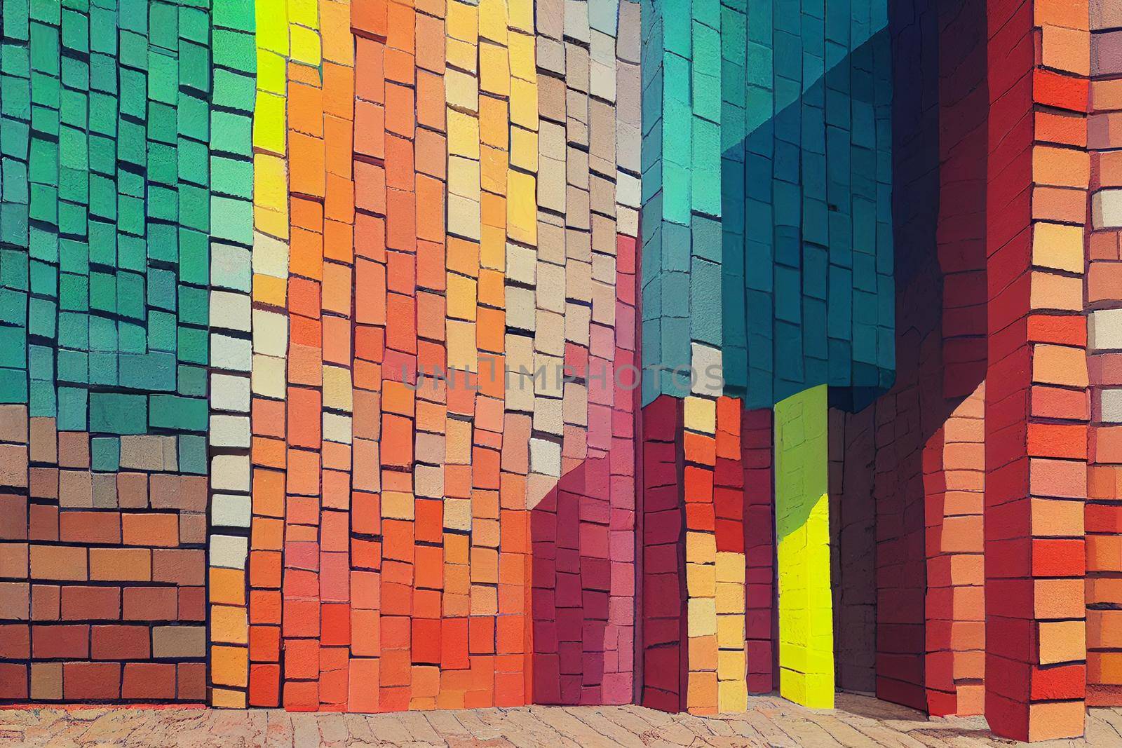 3D render of multi-colored bricks wall texture abstract brick background in bright colors.