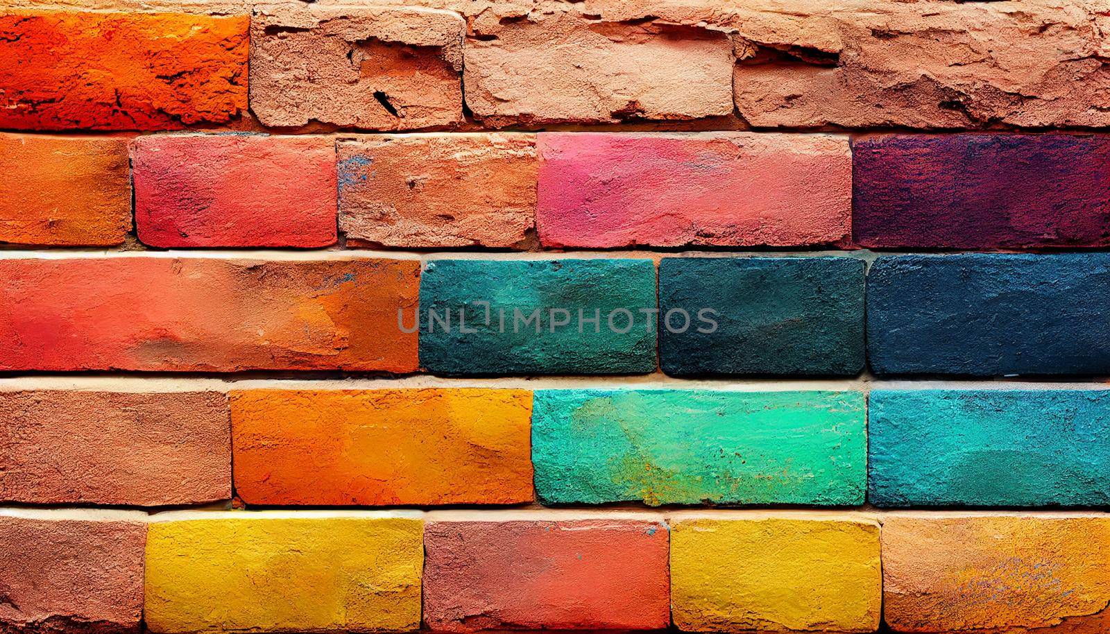 3D render of multi-colored bricks wall texture abstract brick background in bright colors.