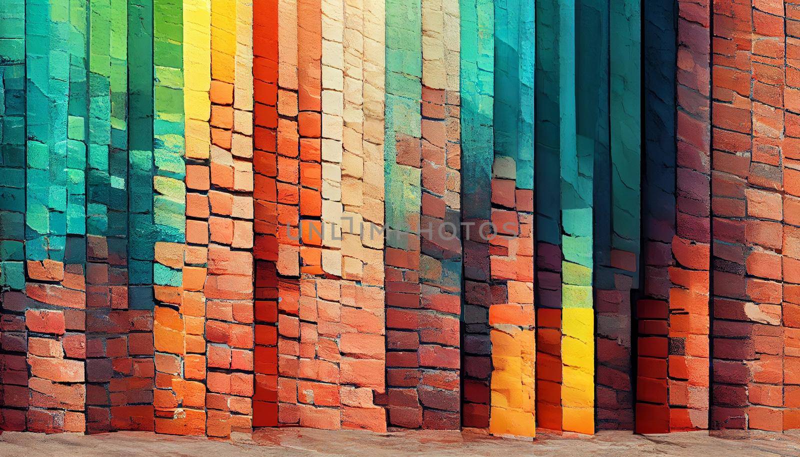 3D render of multi-colored bricks wall texture abstract brick background in bright colors.