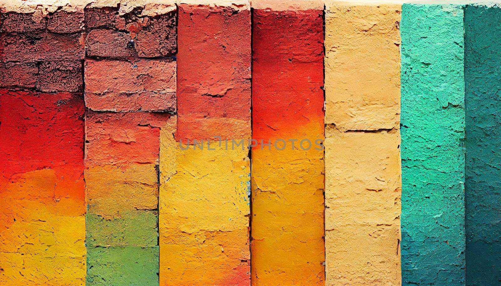 3D render of multi-colored bricks wall texture abstract brick background in bright colors.