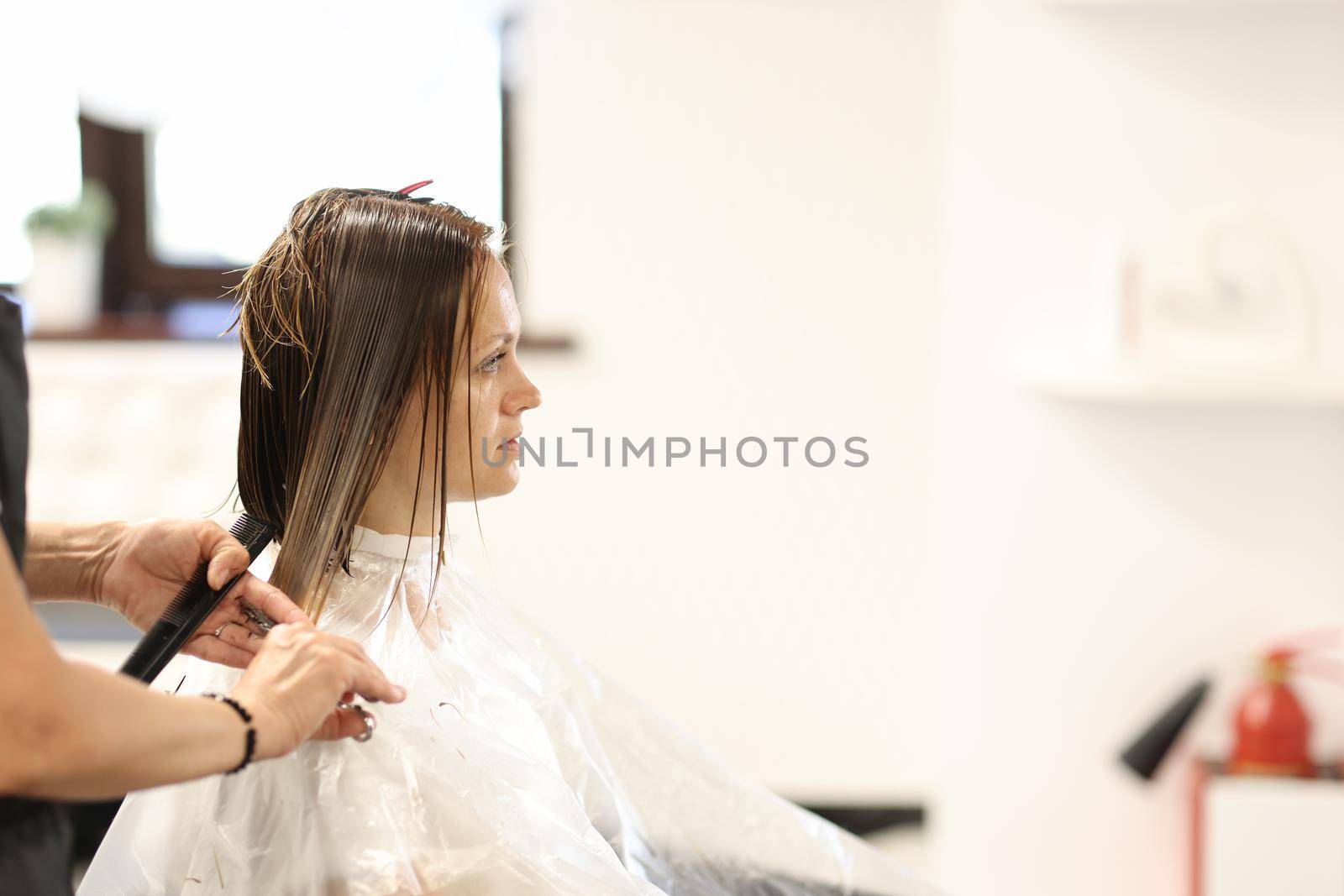 Hairdresser hands cut hair of client in beauty salon by kuprevich