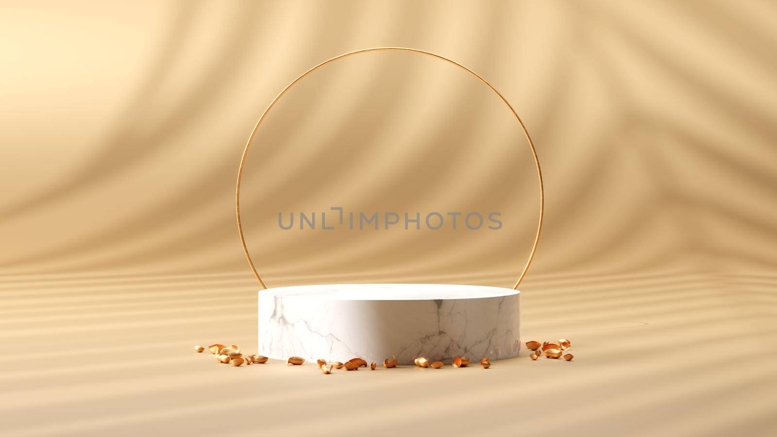 3d render exotic stone podium with leaf shade and golden rose in nude color for product display. natural, organic product, cosmetic, skin care, perfume, etc. platform, base, stage