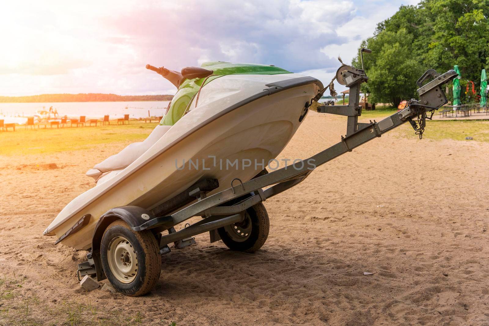 a jet ski mounted on a special trailer on wheels for transportation on the beach. summer outdoor activities on the water