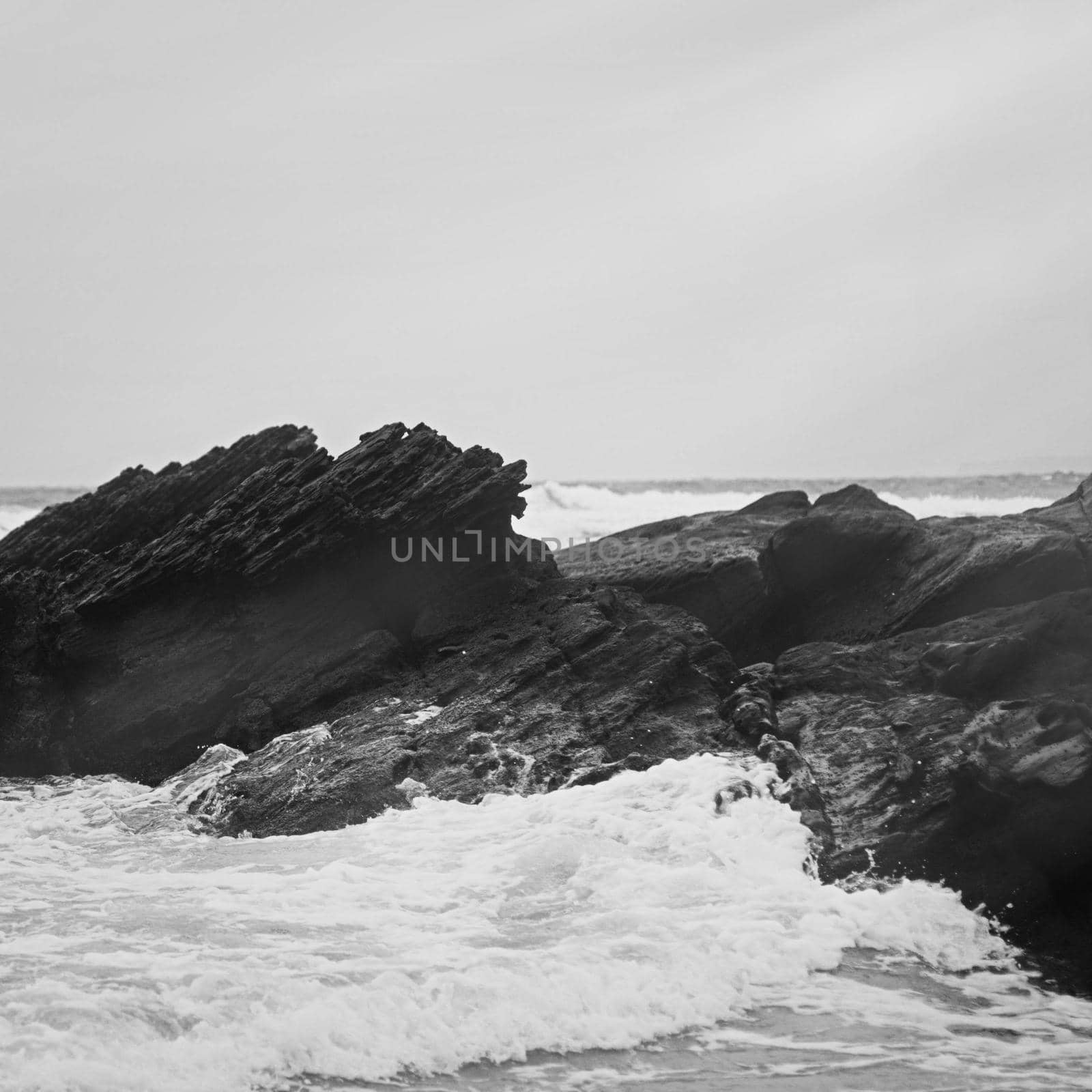 Coastal art print, monochrome and seascape concept - Atlantic ocean coast scenery, fine art