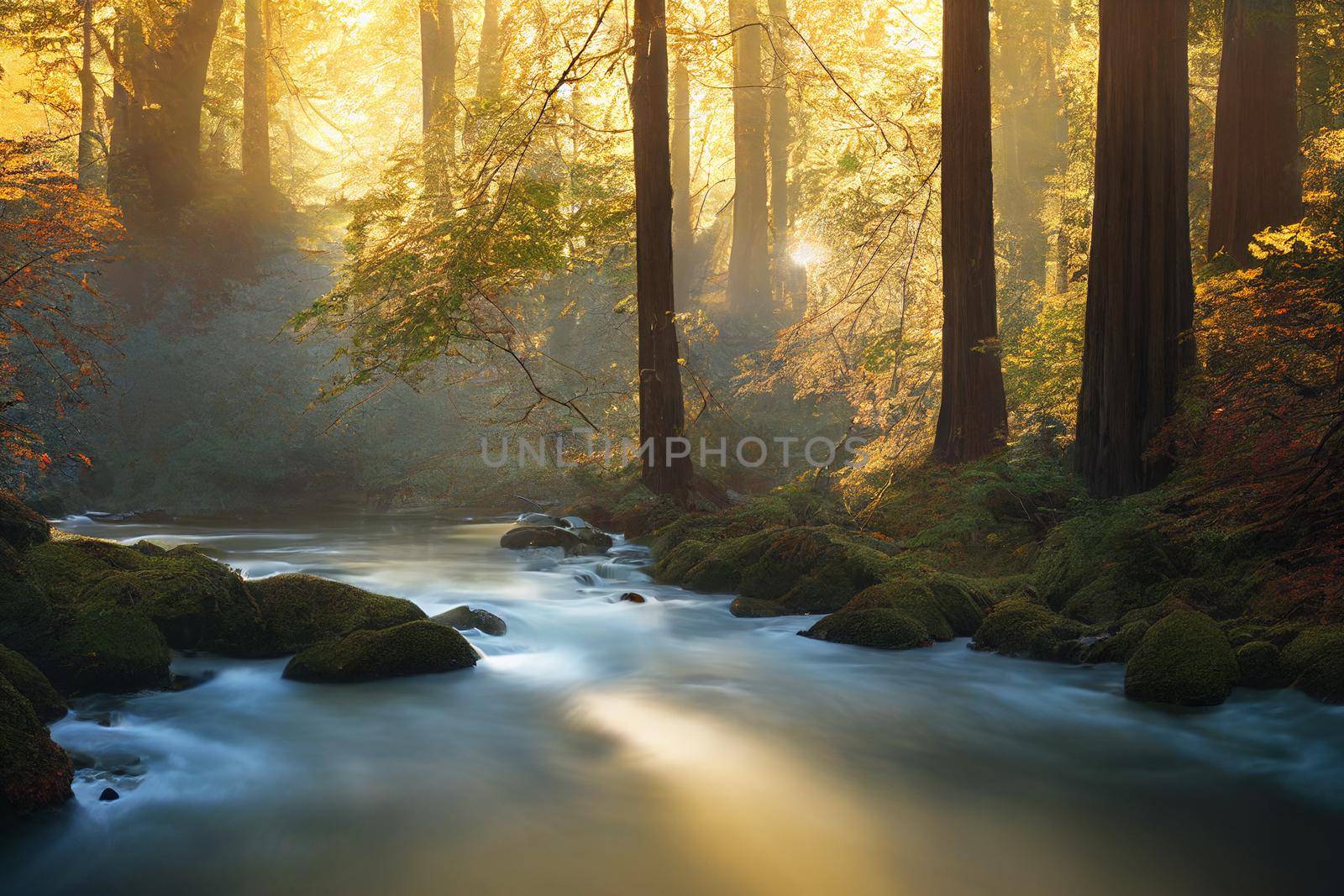 Peaceful river flowing through redwood forest with morning light and dappled sunshine in autumn. 3D illustration