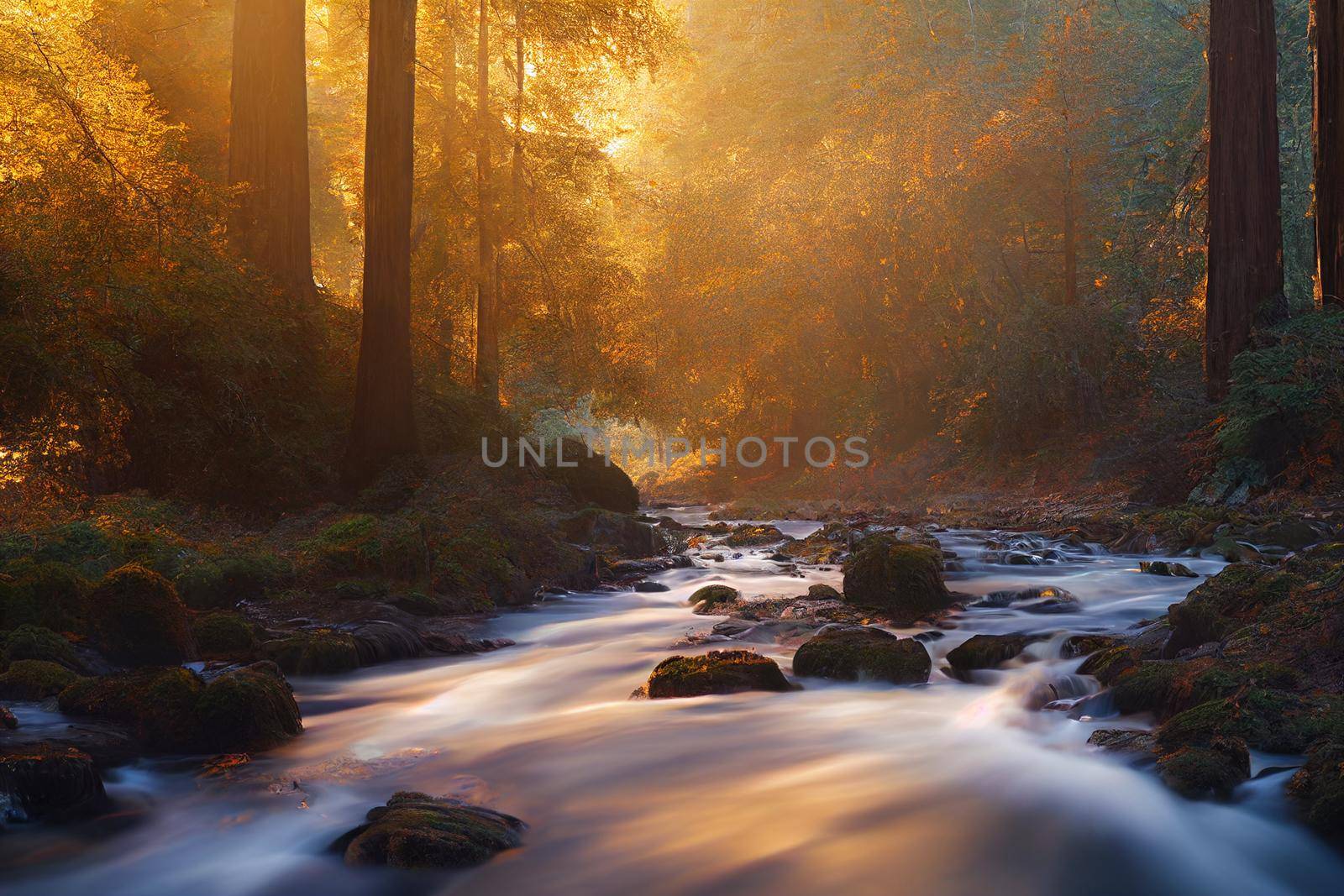 Peaceful river flowing through redwood forest with morning light and dappled sunshine in autumn. 3D illustration