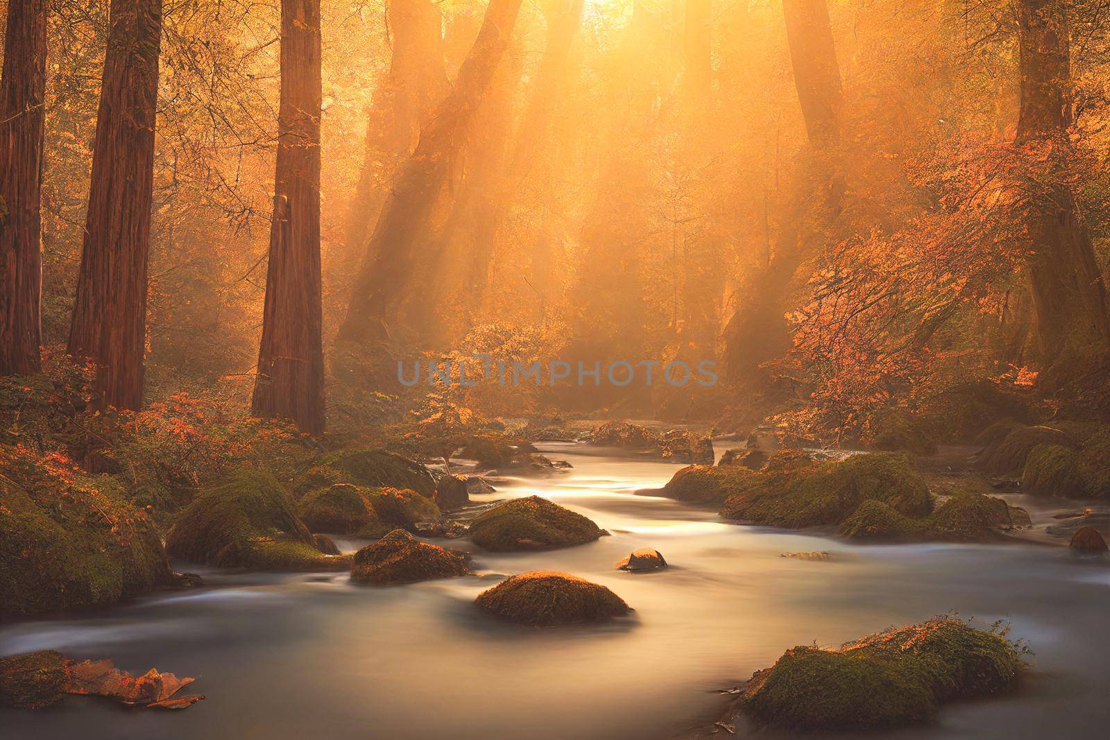 Peaceful river flowing through redwood forest with morning light and dappled sunshine in autumn. 3D illustration