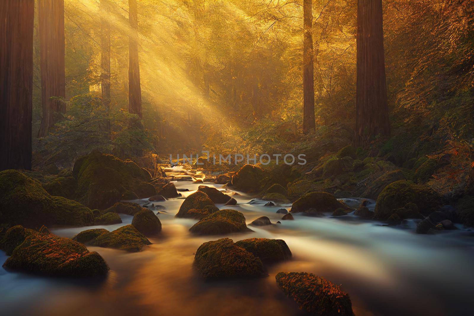 Peaceful river flowing through redwood forest with morning light and dappled sunshine in autumn. by FokasuArt
