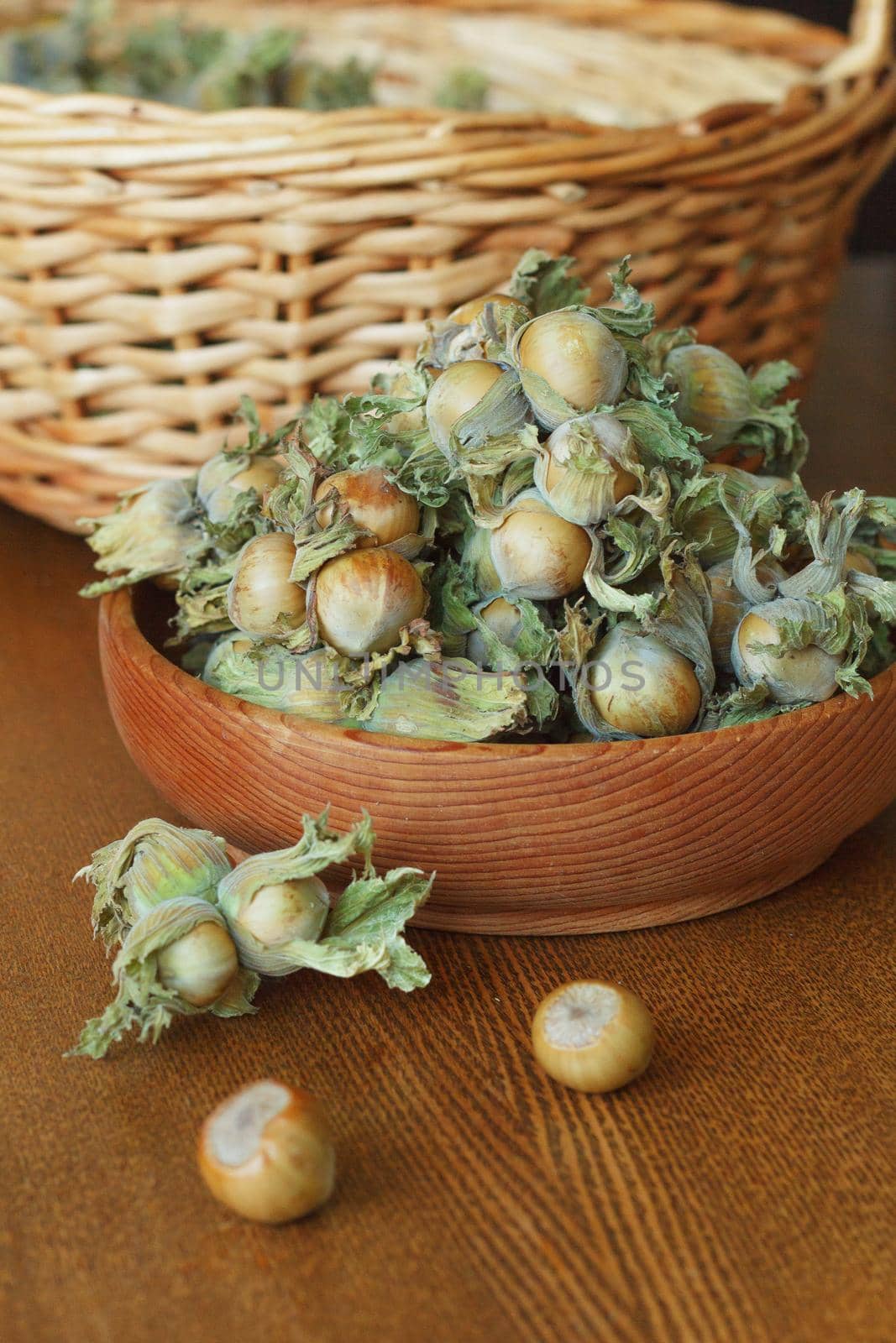 Young green hazel, hazelnuts collected from a tree in a husk, on a wooden background by lara29