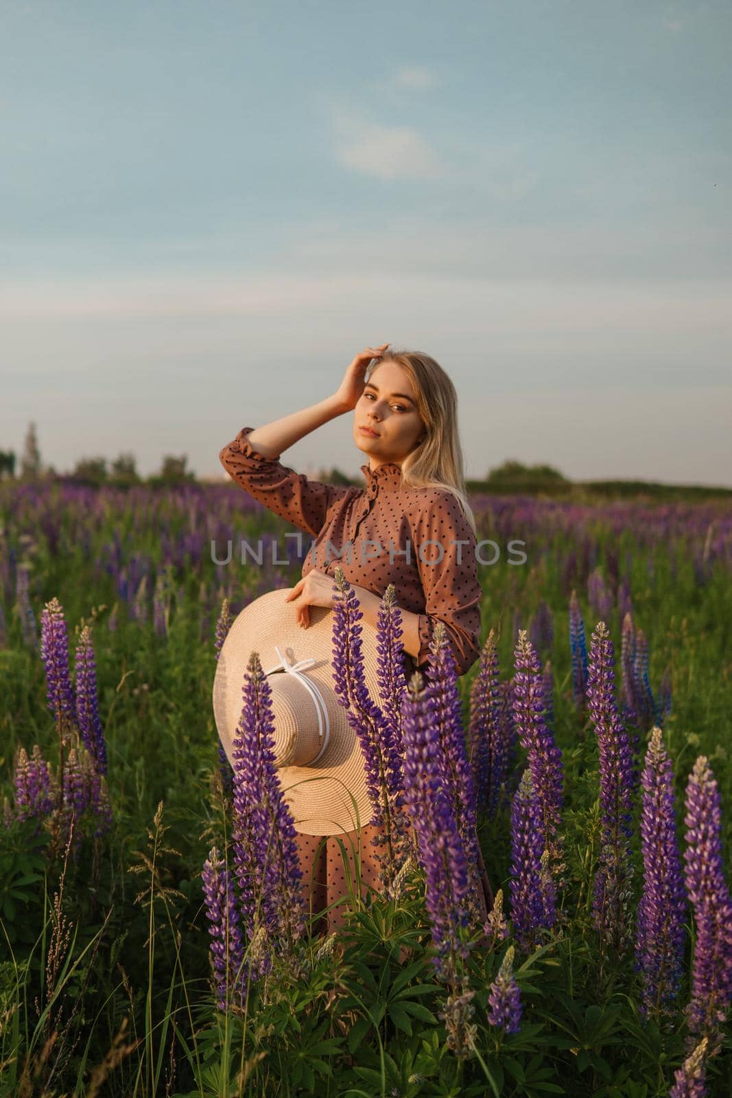 A beautiful woman in a straw hat walks in a field with purple flowers. A walk in nature in the lupin field by Annu1tochka