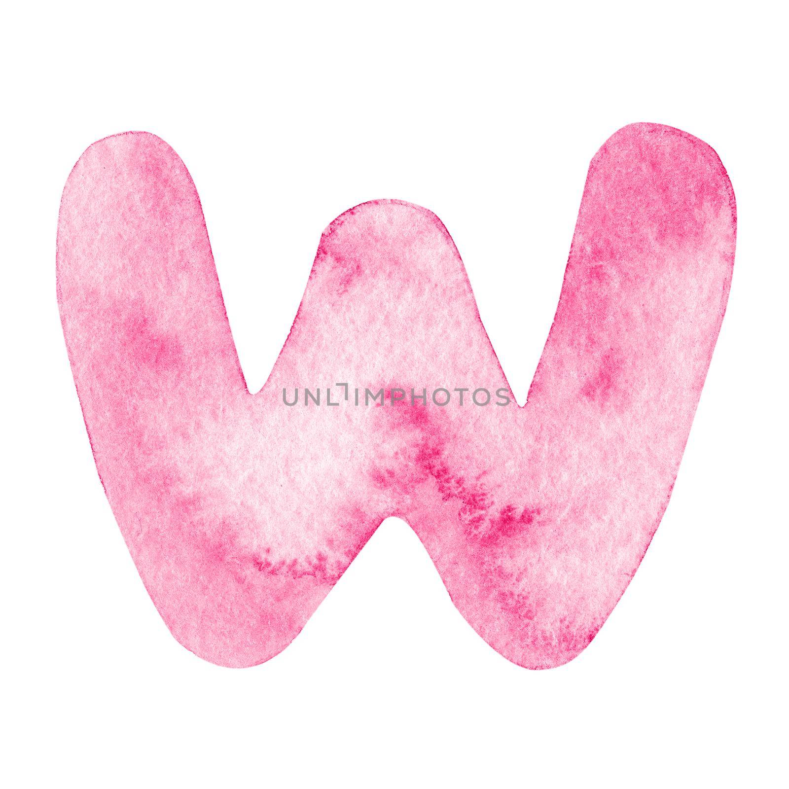 Watercolor pink letter W isolated on white background