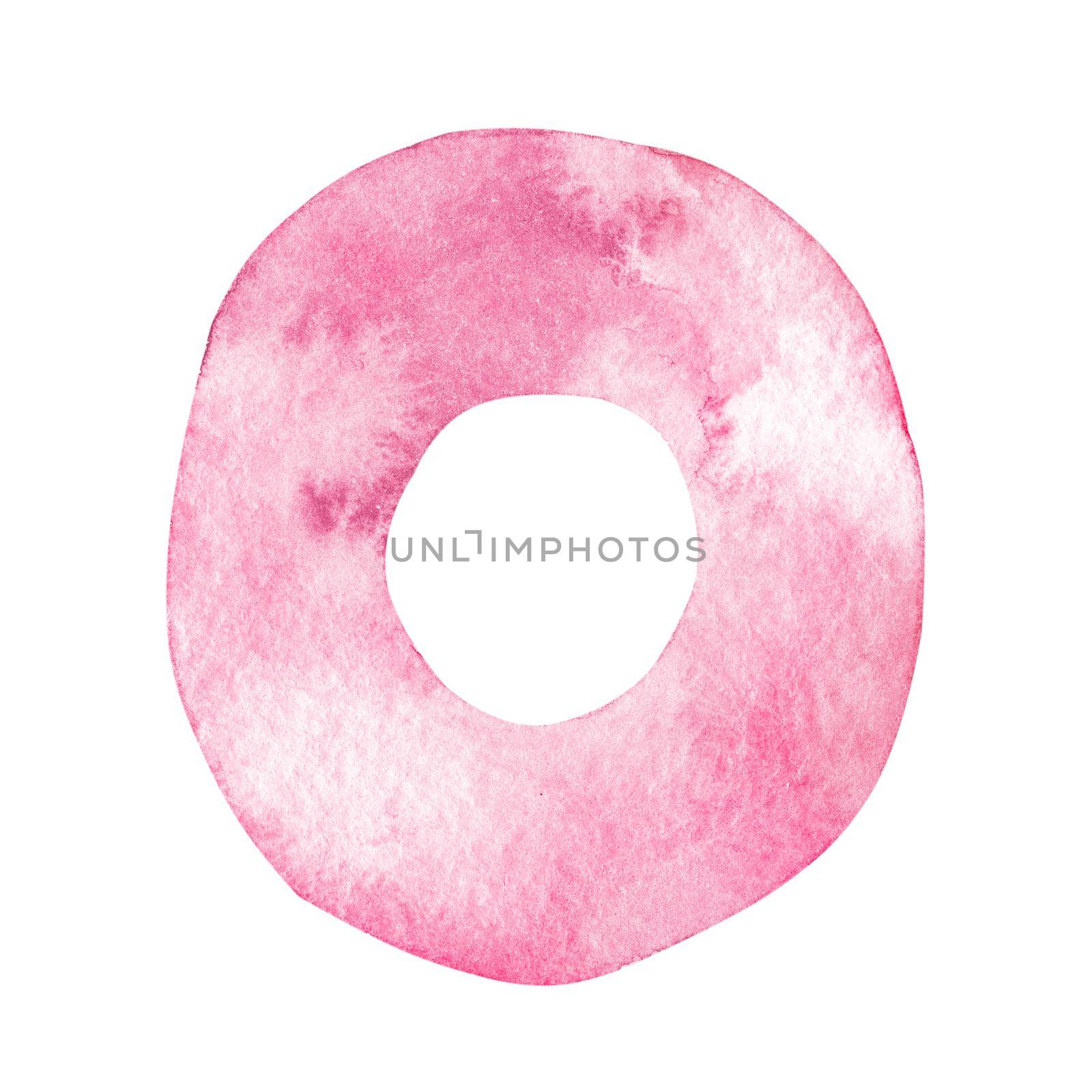 Watercolor pink letter o isolated on white background