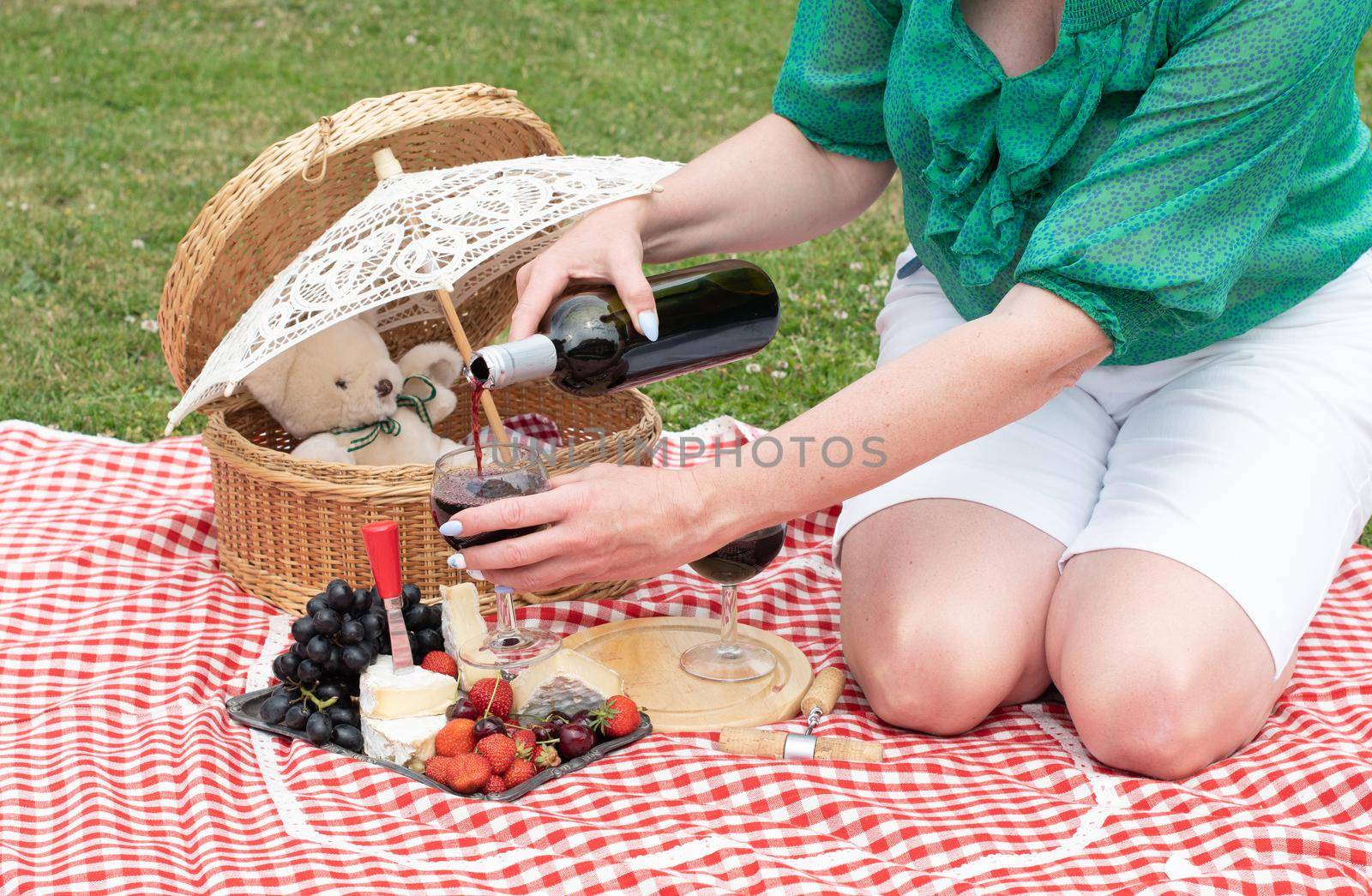 woman in a green blouse sits on a red checkered picnic rug, red wine and chees by KaterinaDalemans