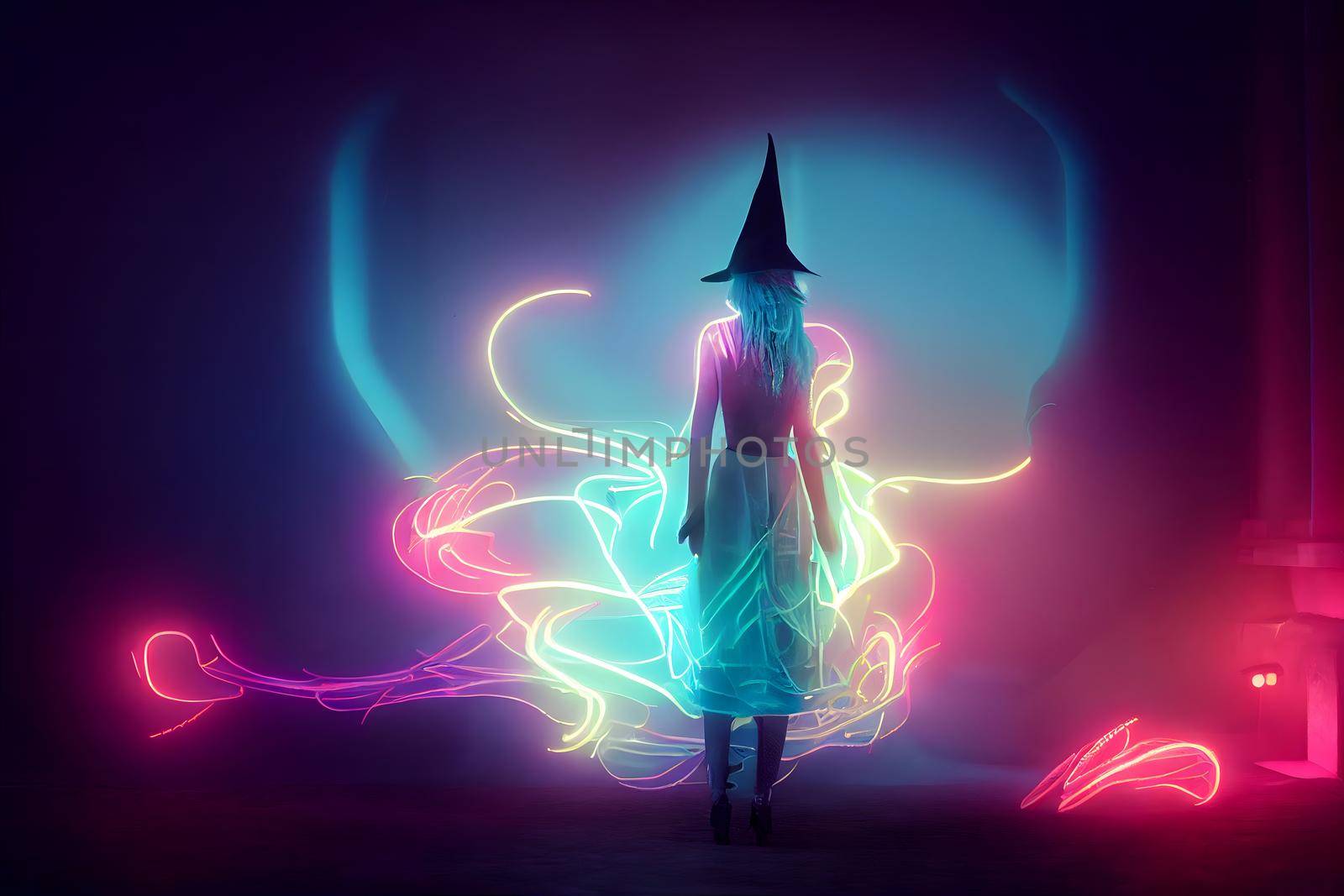 dreamy unrecognizable woman silhouette with colorful neon fumes black conical judenhat, neural network generated art. Digitally generated image. Not based on any actual scene or pattern.