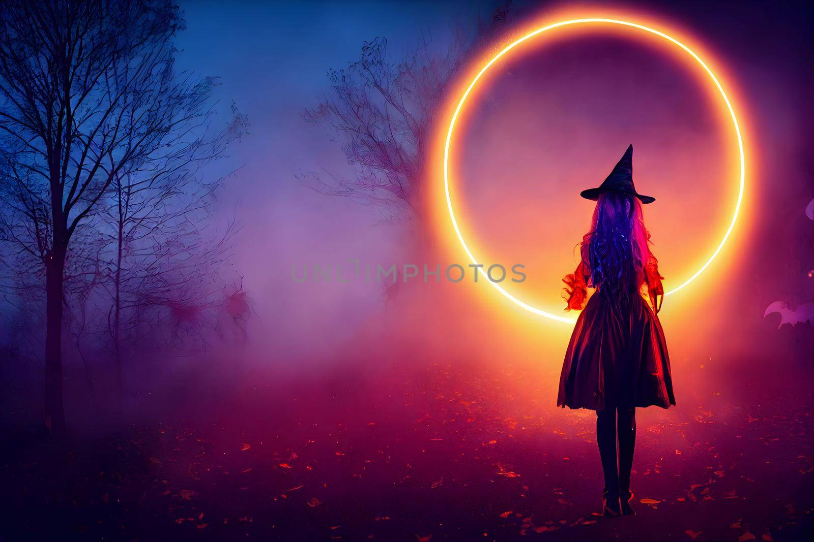 dreamy unrecognizable woman silhouette in night forest with neon circle ans conical witch hat , neural network generated art by z1b