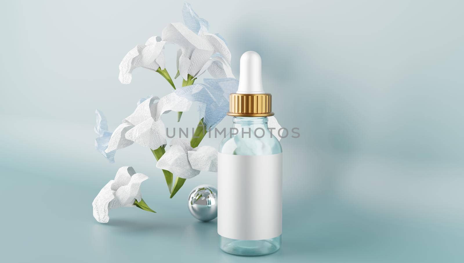 3D representation of perfumery and bathroom packaging with paster color background for mockup and product display, minimalist concept, premium illustration of pastel floral elements