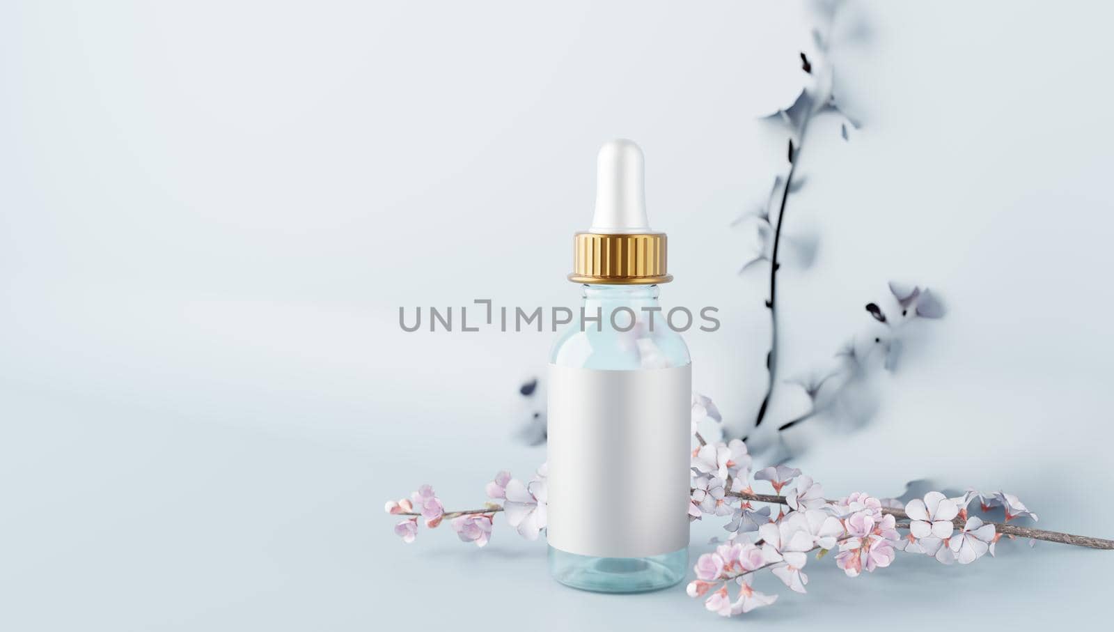 3D representation of perfumery and bathroom packaging with paster color background for mockup and product display, minimalist concept, premium illustration of pastel floral elements