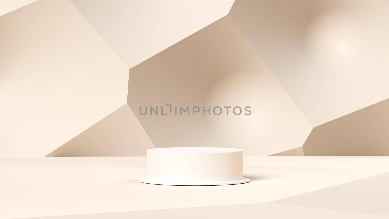 Circle pedestal on cream beige pastel background. Mockup for cosmetic, packaging presentation, food or drink. Natural beauty podium in hard sunlight. 3D Illustration prodium. by Benzoix