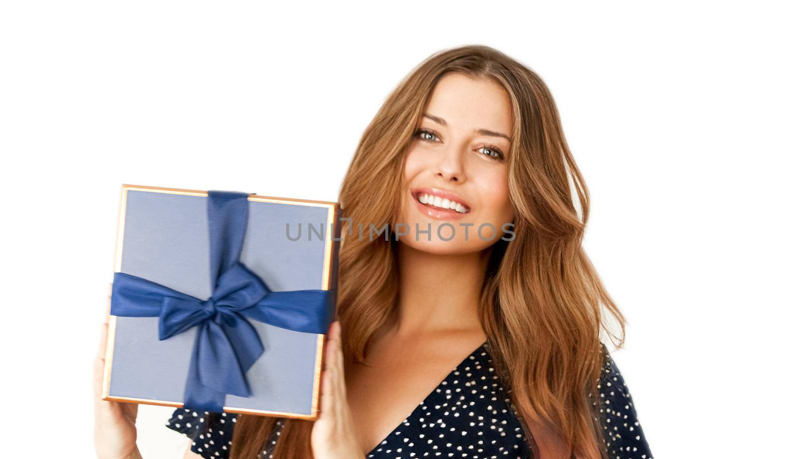 Birthday, Christmas or holiday present, happy woman holding a blue gift or luxury beauty box subscription delivery isolated on white background, portrait