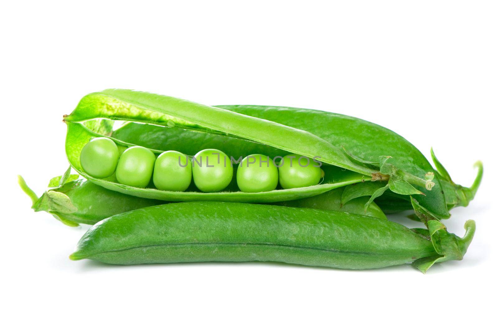 Green Peas. Raw ripe bunch of green peas with leaves isolated on white background by aprilphoto