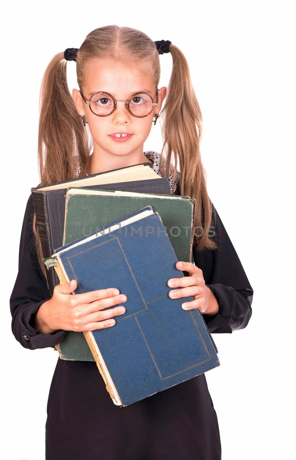 Caucasian child girl with school books stationary isolated on white background. by aprilphoto