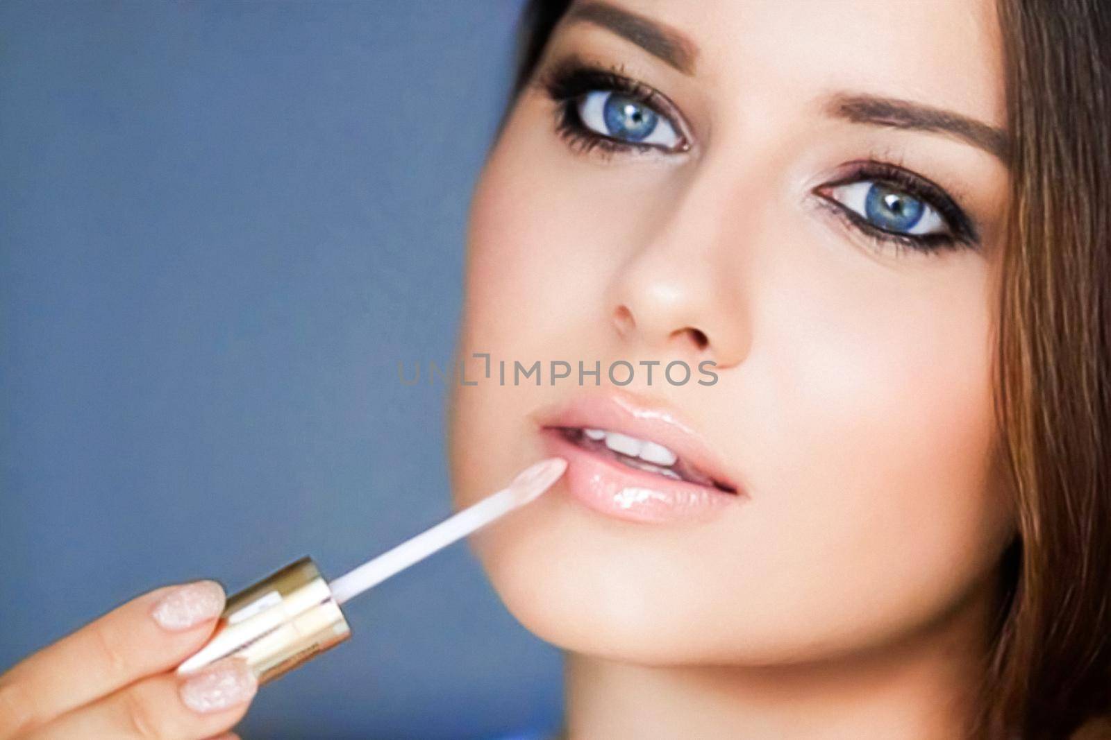 Beauty, makeup and skincare cosmetics model face portrait, beautiful woman applying lip gloss, cosmetic product and glamour make-up closeup