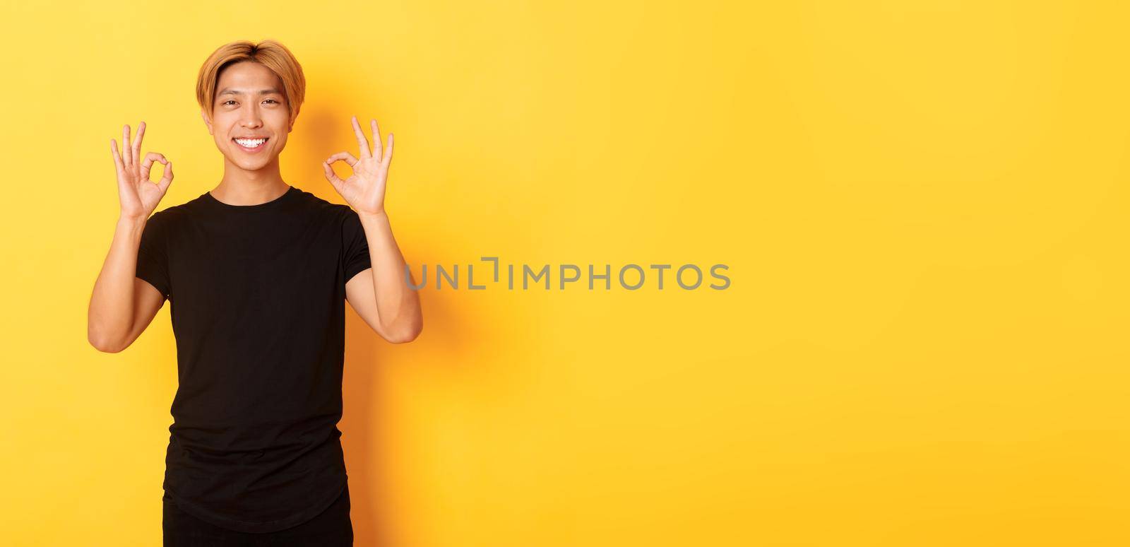 Portrait of smiling confident asian guy, looking pleased, showing okay gesture, yellow background.