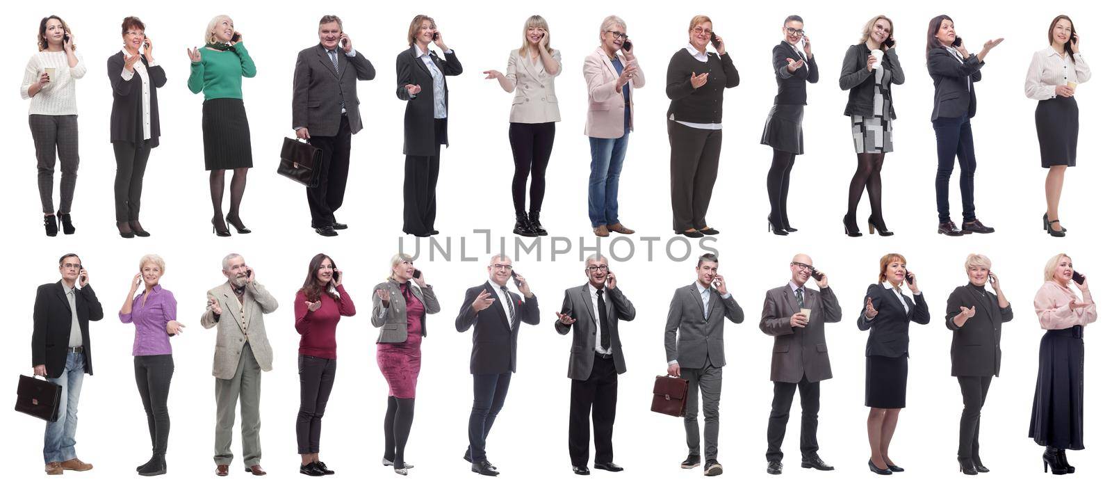 group of people holding phone in hand isolated on white background