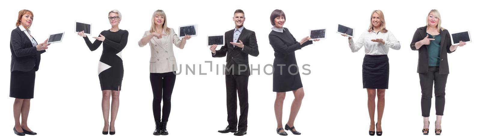group of people demonstrating tablet isolated on white by asdf