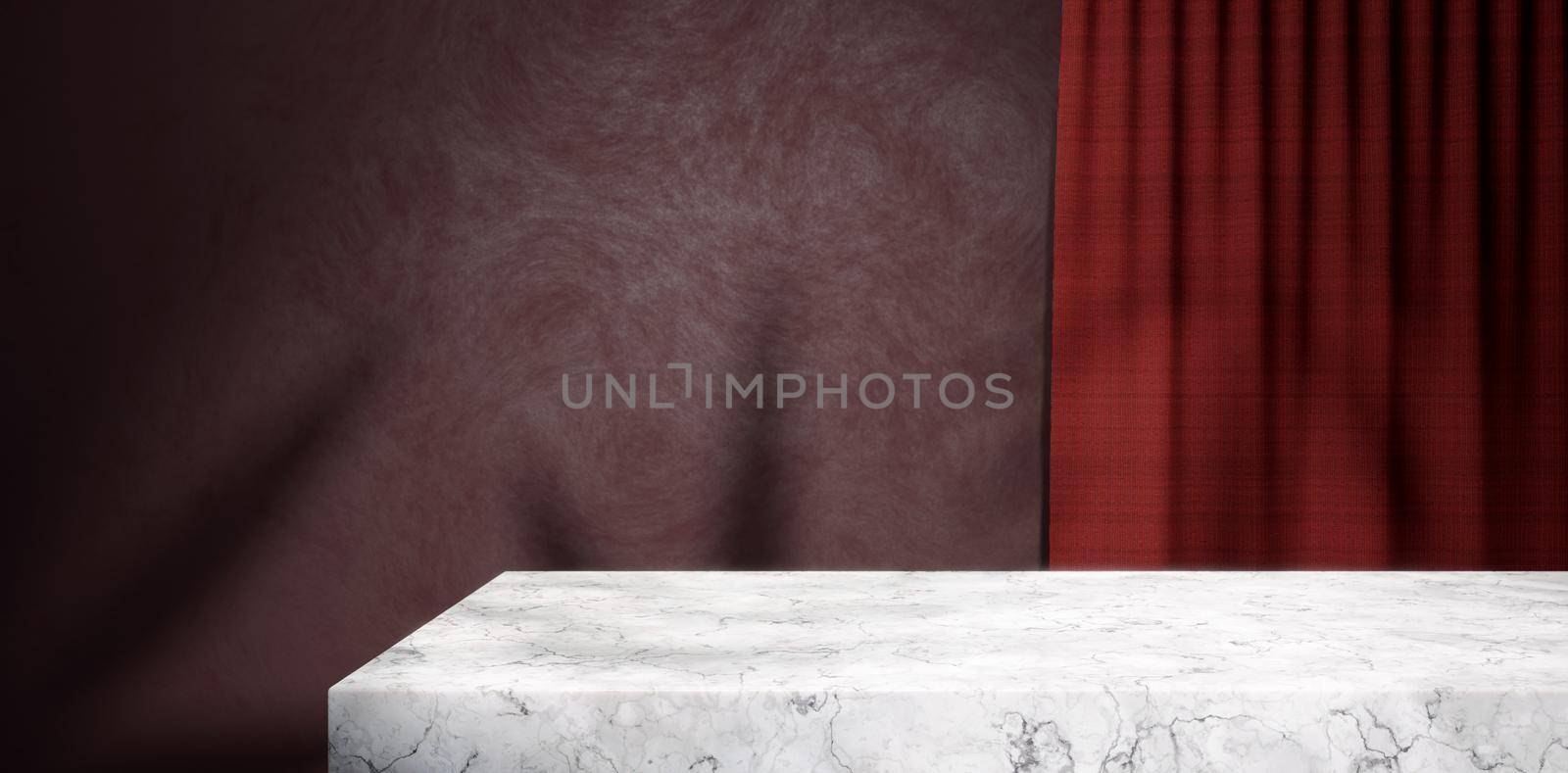 For Branding And Packaging. 3D Illustration Smooth Texture Red Wall Background With Red Curtain And White Marble Table Top. Products Ads by yay_lmrb