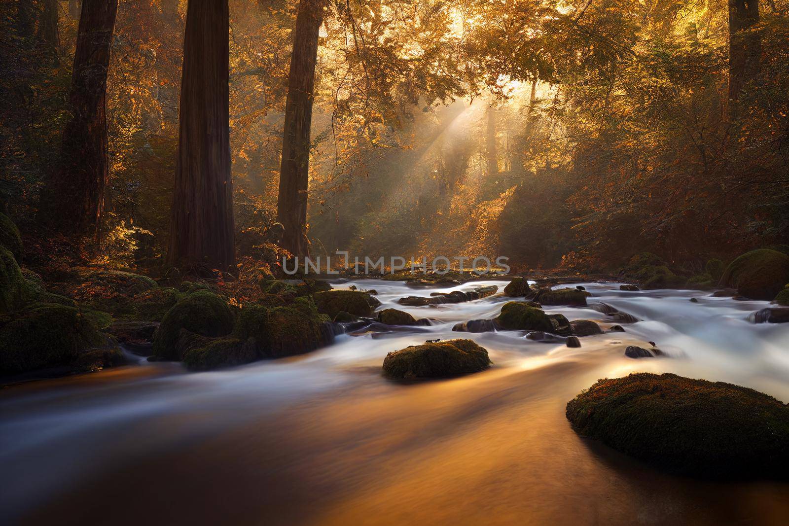 Peaceful river flowing through redwood forest with morning light and dappled sunshine in autumn. 3D illustration