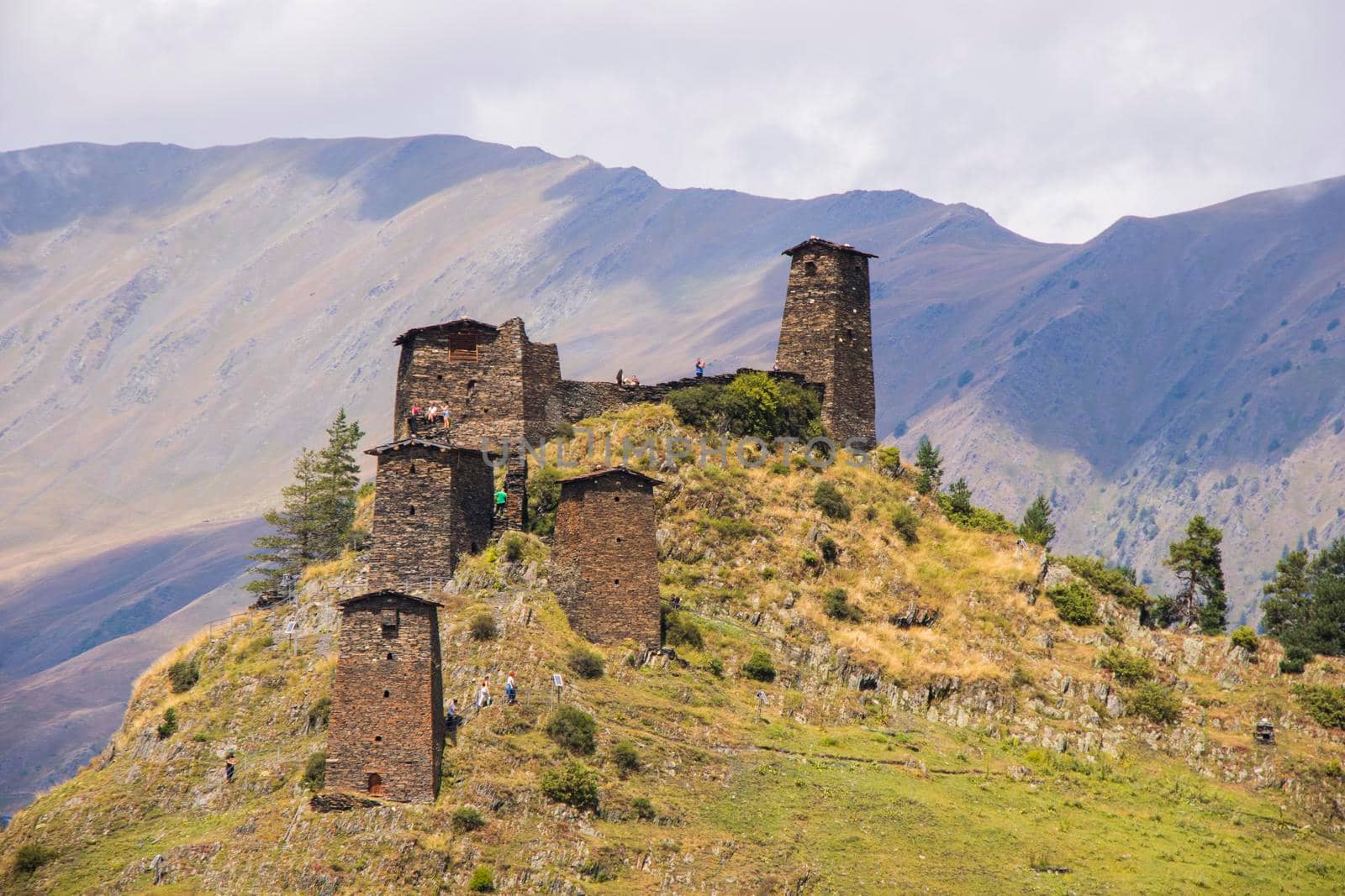 Keselo towers in Omalo village, Tusheti, Georgia. Old stones towers, touristic place